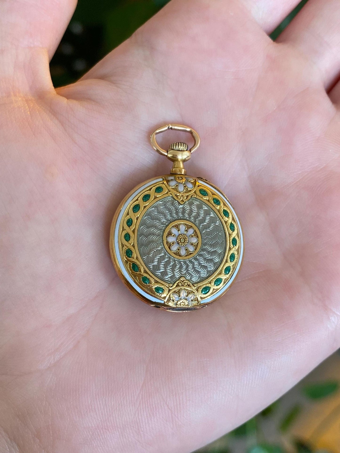 Solid 14k Yellow Gold Enamel Floral Pocket Watch