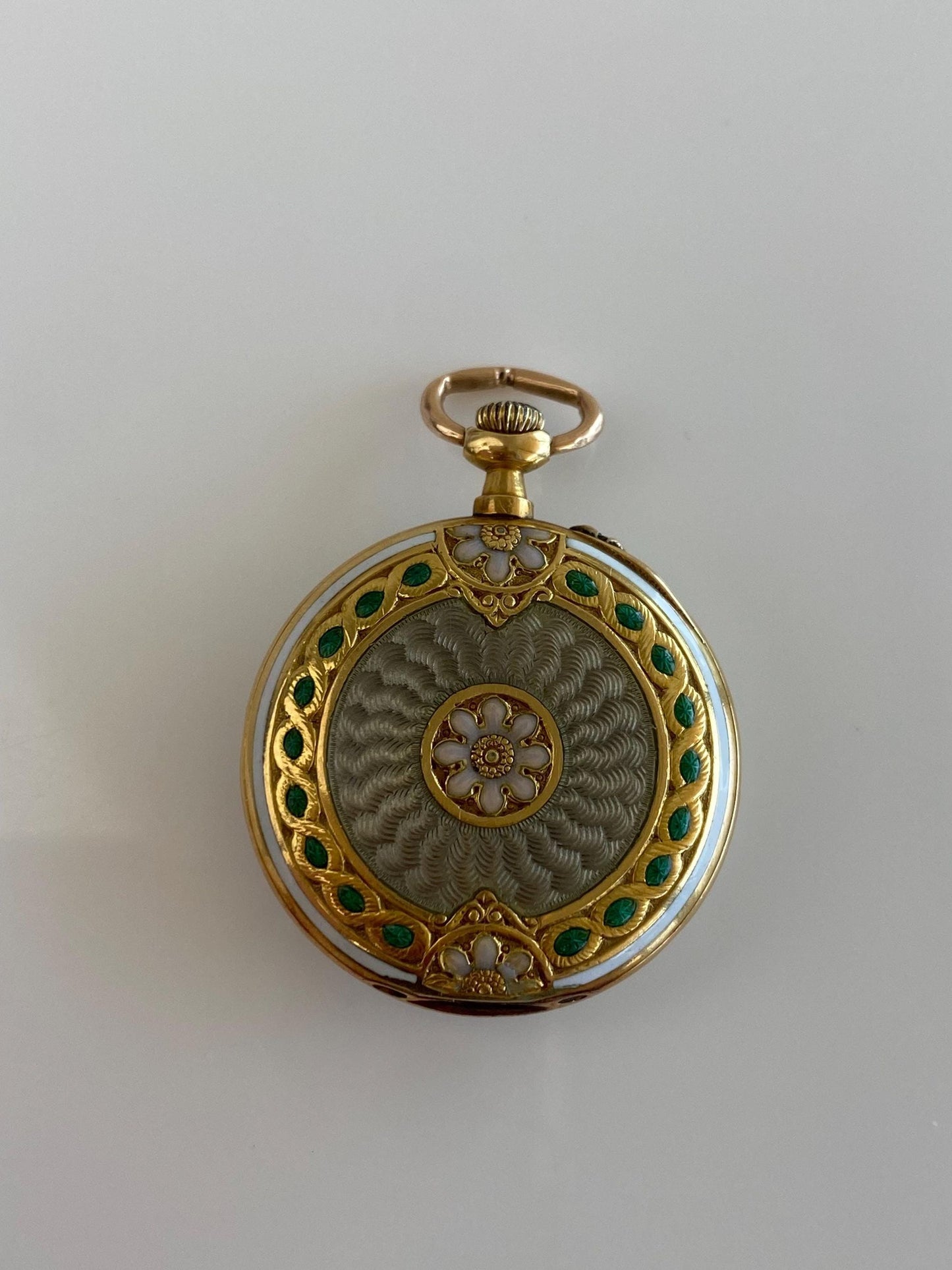 Solid 14k Yellow Gold Enamel Floral Pocket Watch