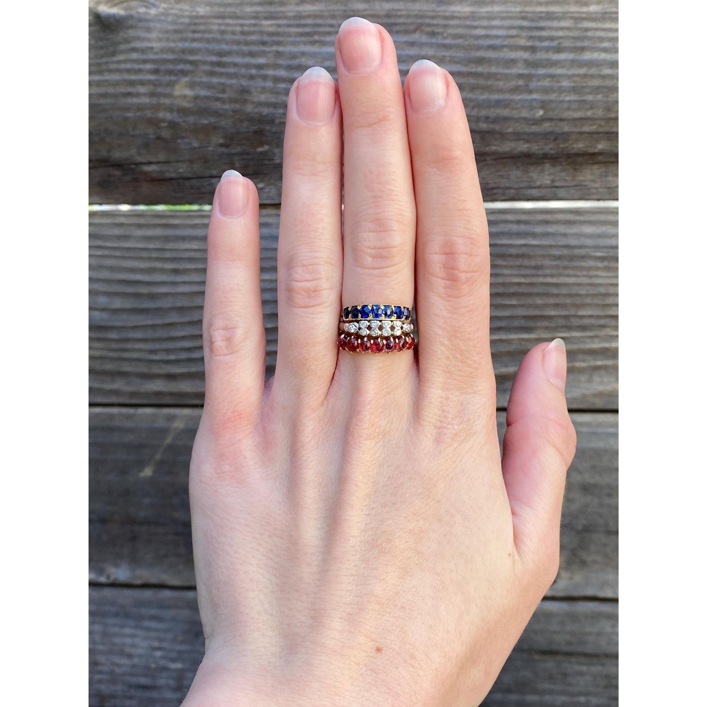Vintage Solid 14k White & Yellow Gold Red and Blue Spinel Clear Sapphire Ring Band - Size 5.5