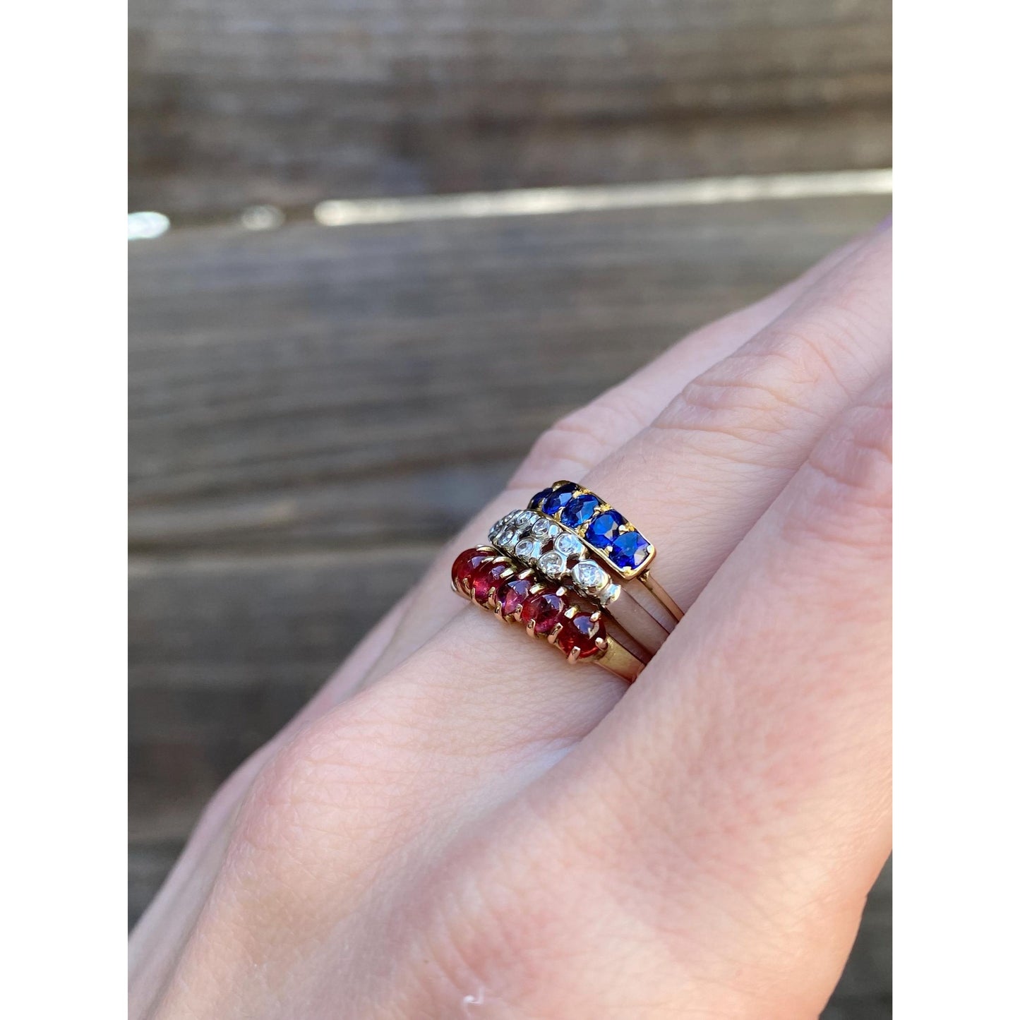 Vintage Solid 14k White & Yellow Gold Red and Blue Spinel Clear Sapphire Ring Band - Size 5.5