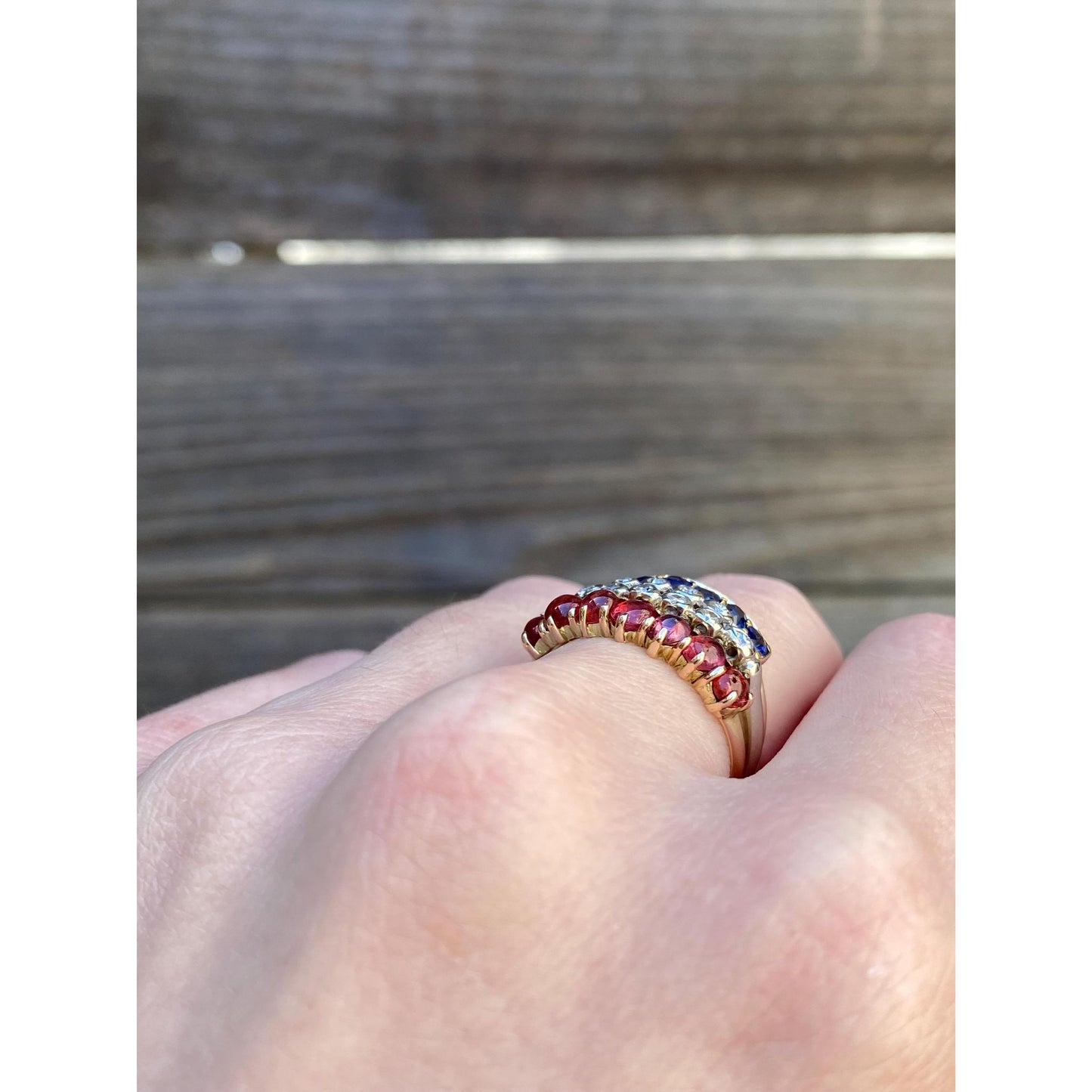 Vintage Solid 14k White & Yellow Gold Red and Blue Spinel Clear Sapphire Ring Band - Size 5.5