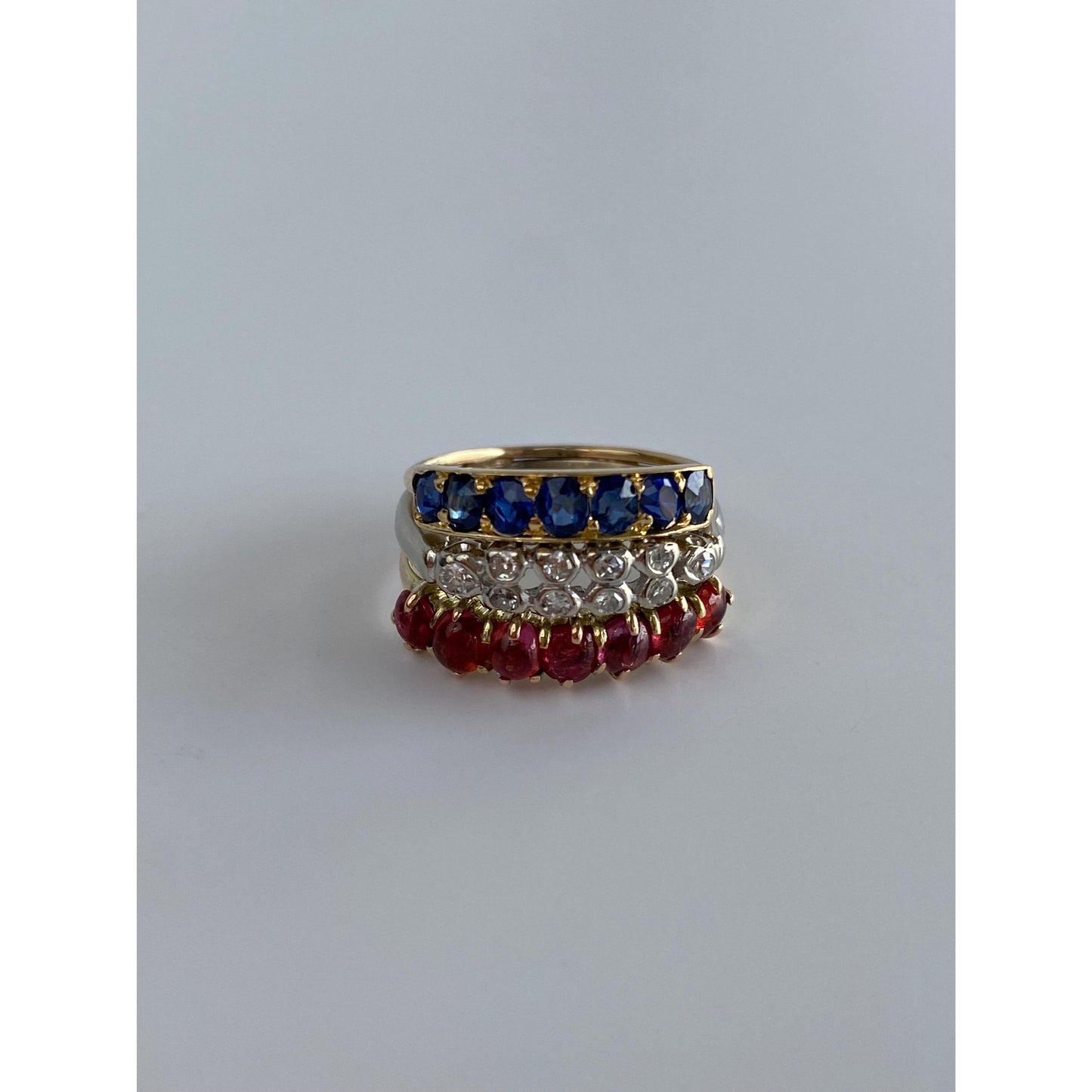 Vintage Solid 14k White & Yellow Gold Red and Blue Spinel Clear Sapphire Ring Band - Size 5.5