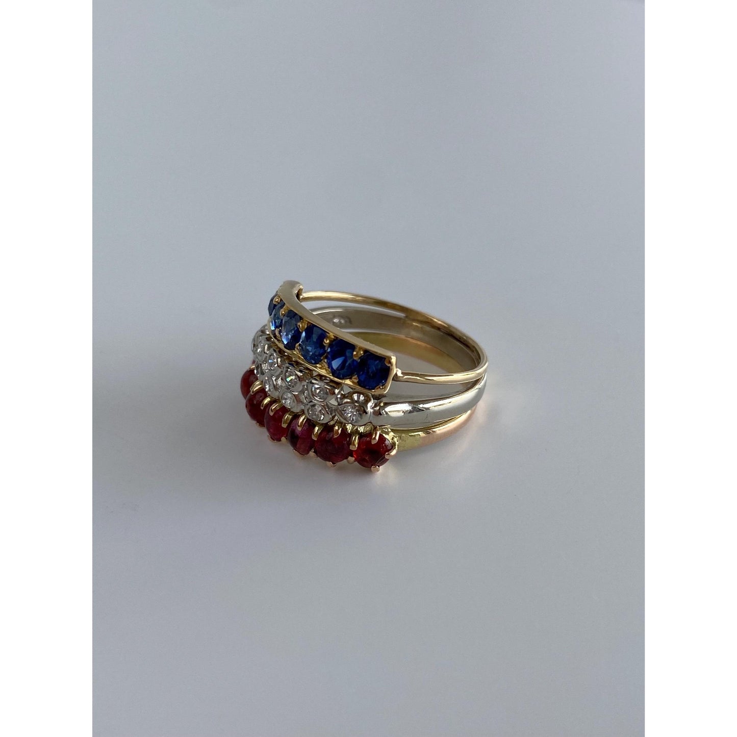 Vintage Solid 14k White & Yellow Gold Red and Blue Spinel Clear Sapphire Ring Band - Size 5.5