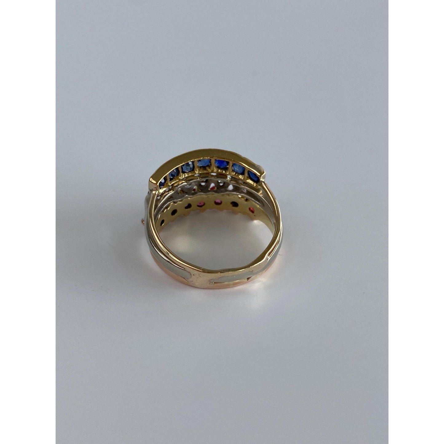 Vintage Solid 14k White & Yellow Gold Red and Blue Spinel Clear Sapphire Ring Band - Size 5.5