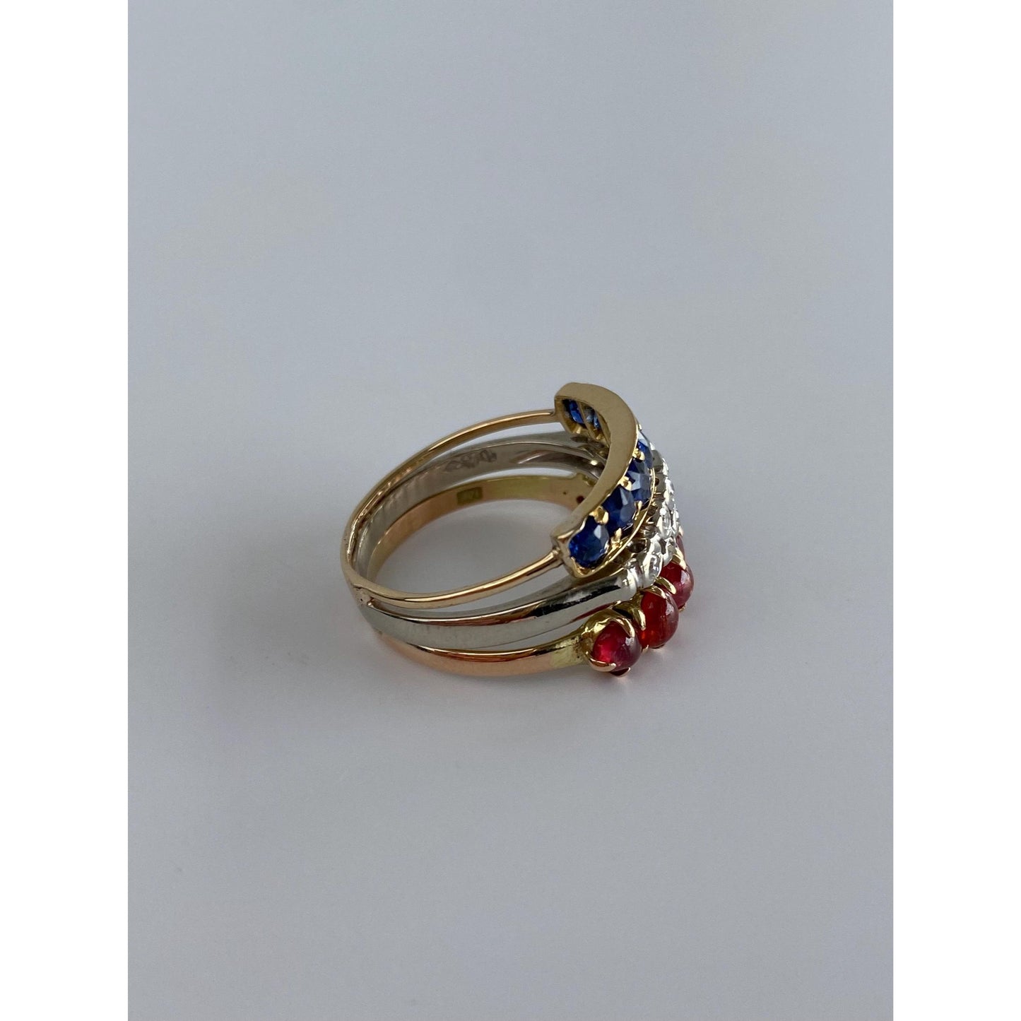 Vintage Solid 14k White & Yellow Gold Red and Blue Spinel Clear Sapphire Ring Band - Size 5.5