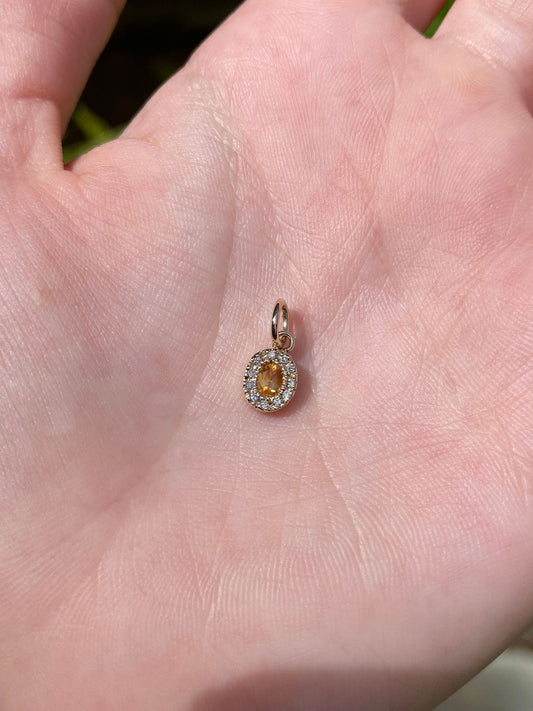 Vintage Solid 14k Yellow Gold Little Citrine & Diamond Charm