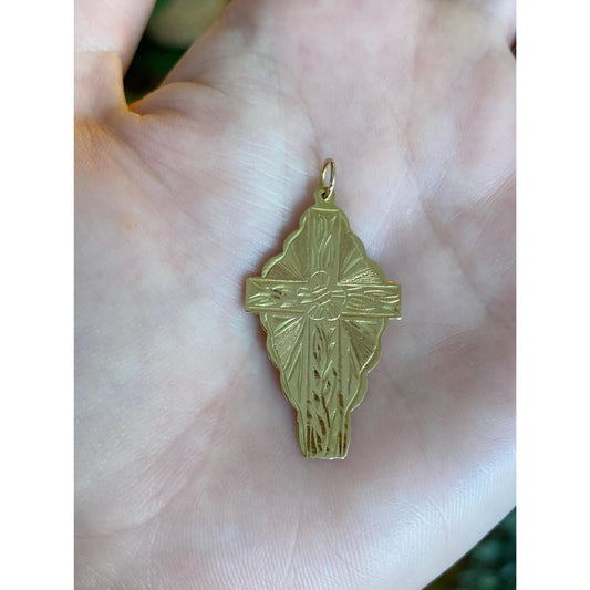 Vintage Solid 14k Yellow Gold Engraved Floral Cross Charm