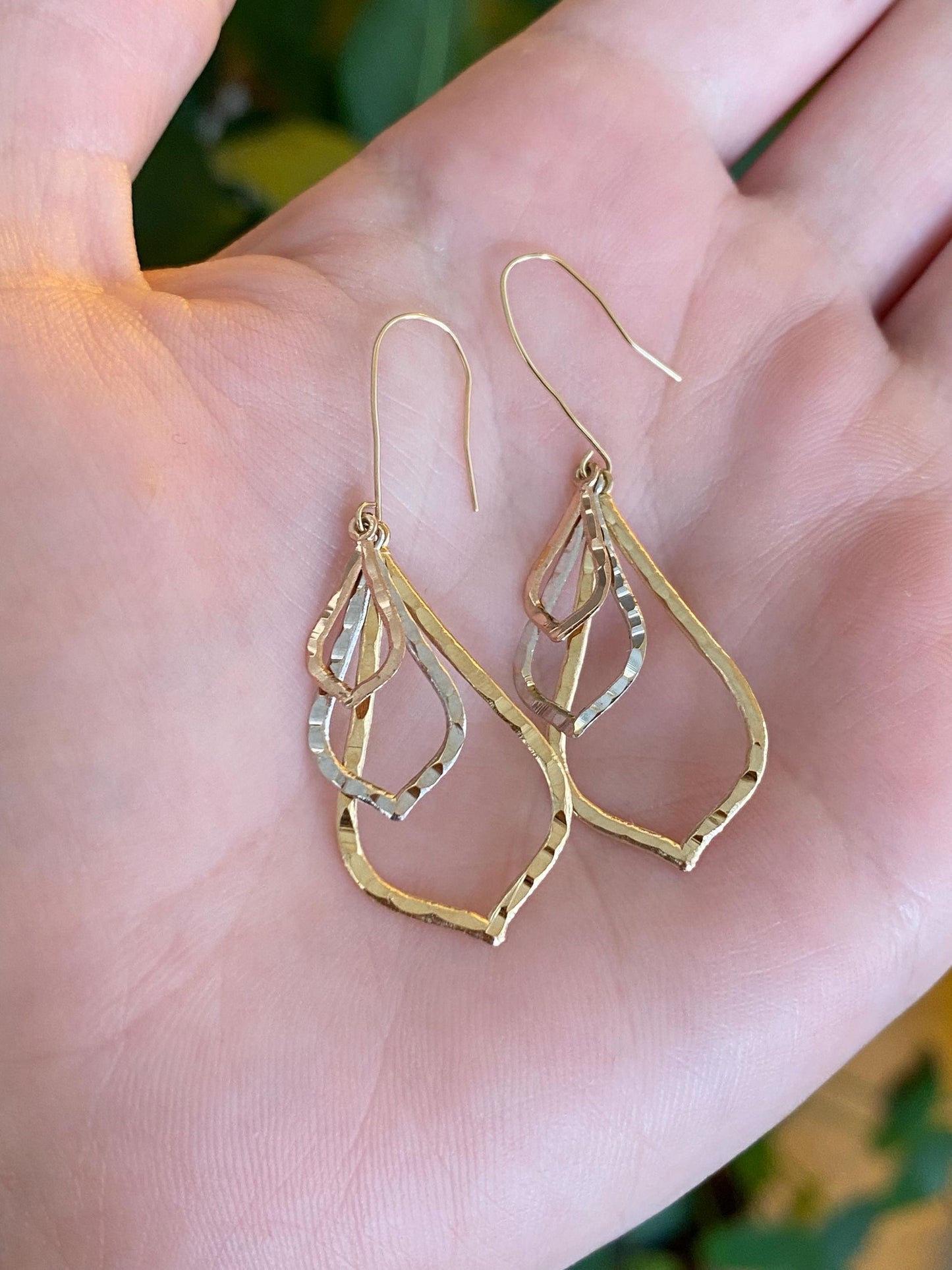 Vintage Solid 14k Tri Tone Gold Textured Dangle Earrings