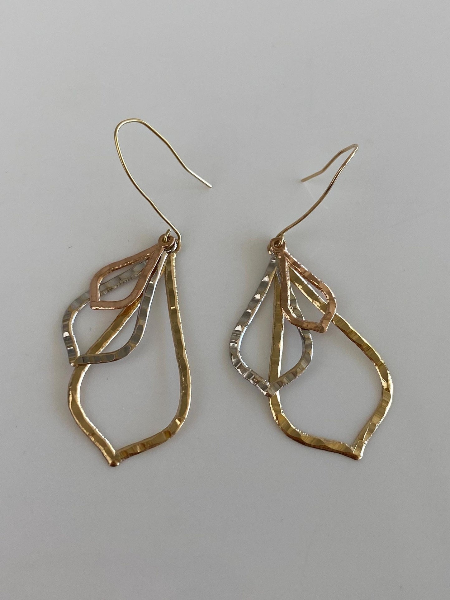 Vintage Solid 14k Tri Tone Gold Textured Dangle Earrings