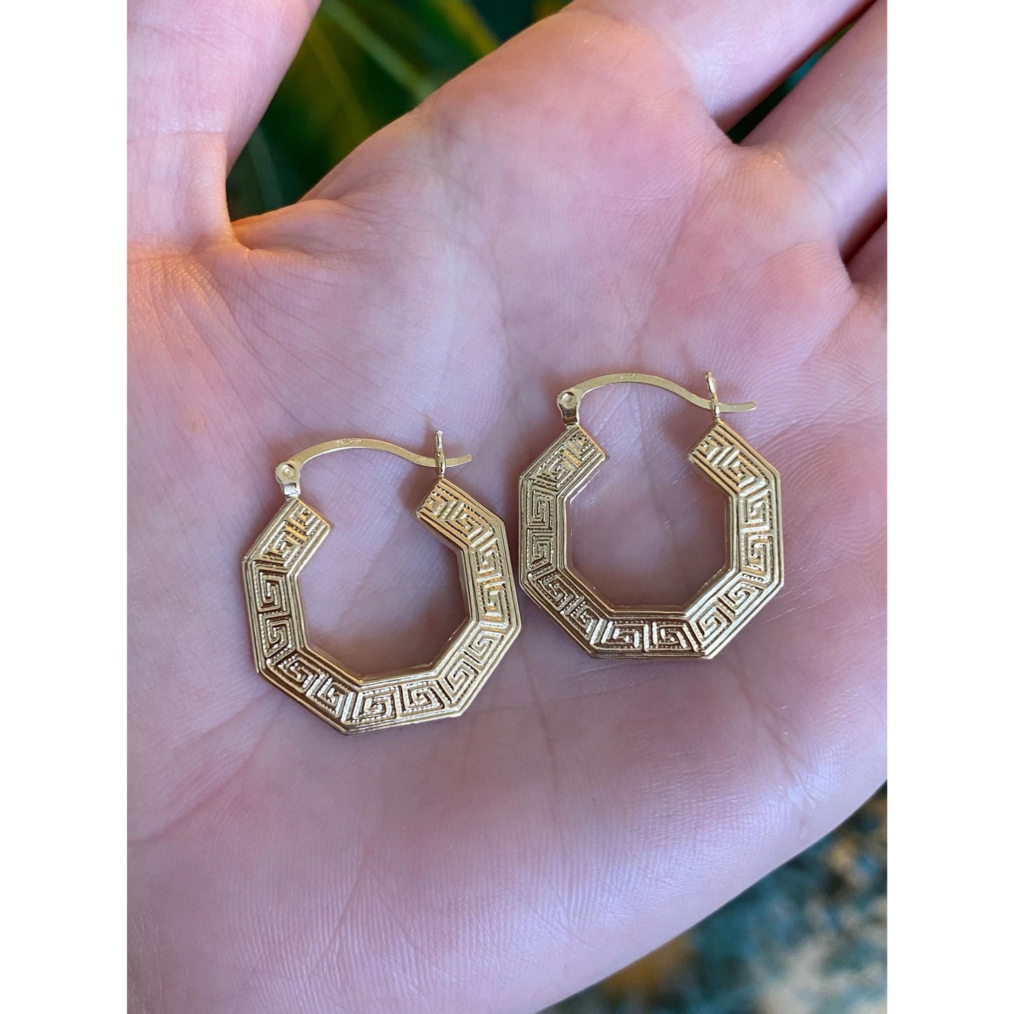 Vintage 14k Yellow Gold Greek Key Hoop Earrings