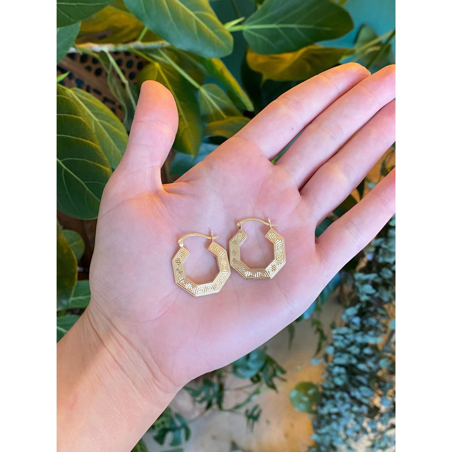 Vintage 14k Yellow Gold Greek Key Hoop Earrings