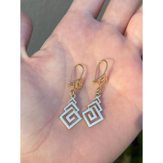 Solid 14k Yellow Gold Greek Key Dangle Earrings