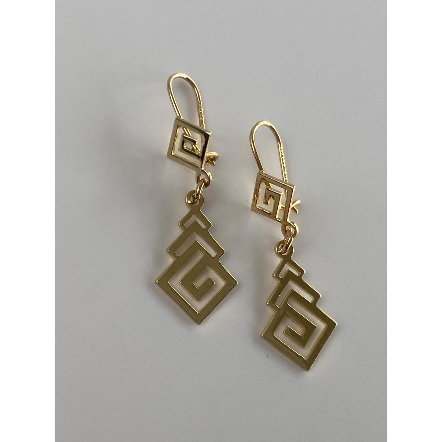 Solid 14k Yellow Gold Greek Key Dangle Earrings