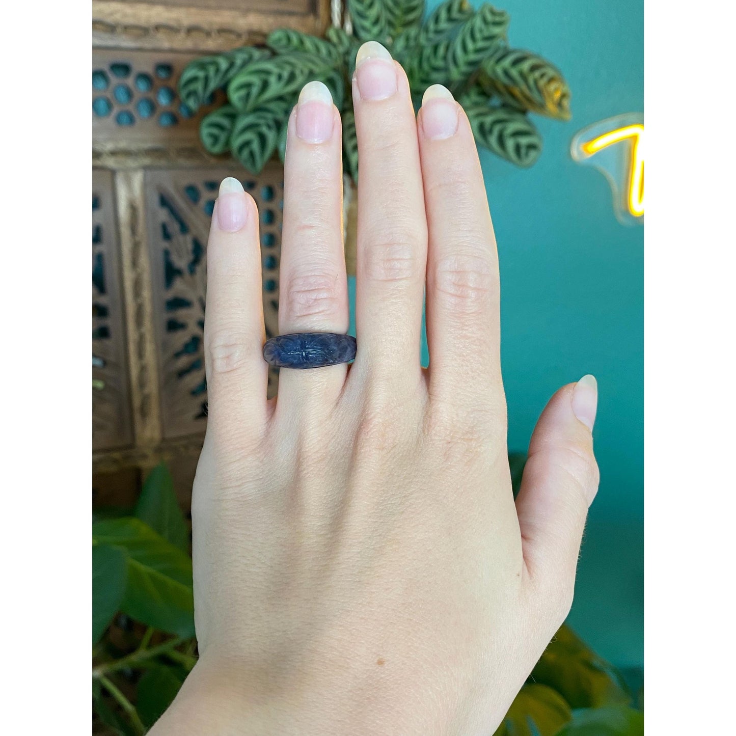 Solid Carved Blue Stone Ring - Size 4.75