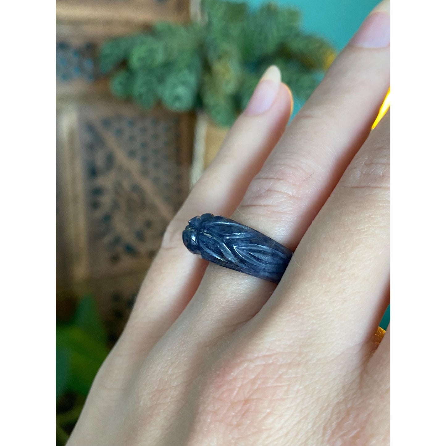 Solid Carved Blue Stone Ring - Size 4.75