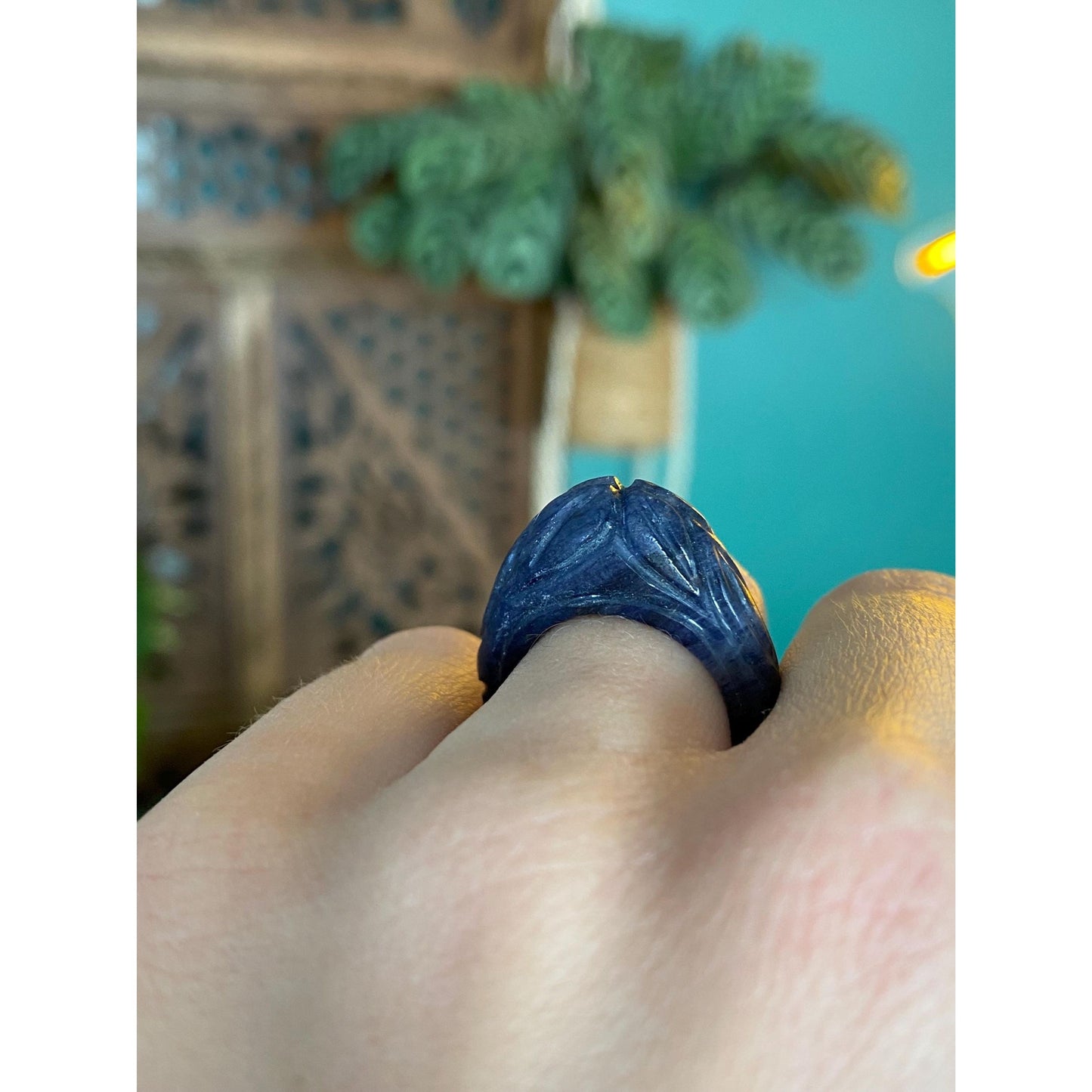 Solid Carved Blue Stone Ring - Size 4.75