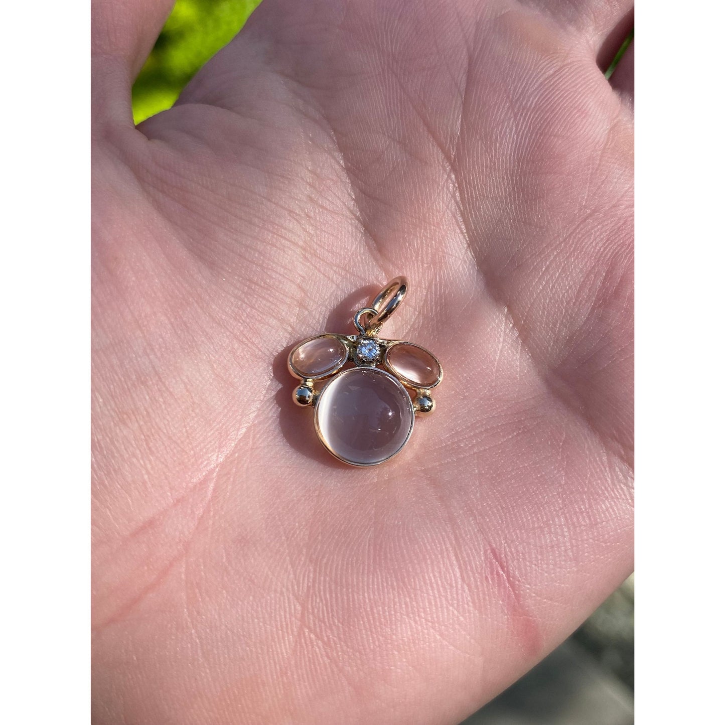 Vintage Solid 14k Yellow Gold Moonstone & Diamond Charm