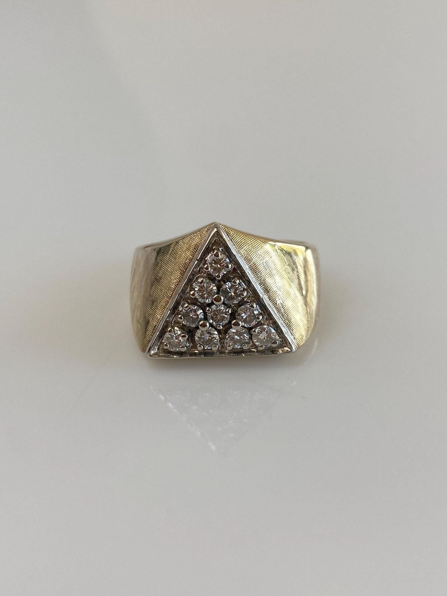 Vintage Solid 14k White & Yellow Gold Diamond Triangle Crosshatch Texture Ring - Size 8.25