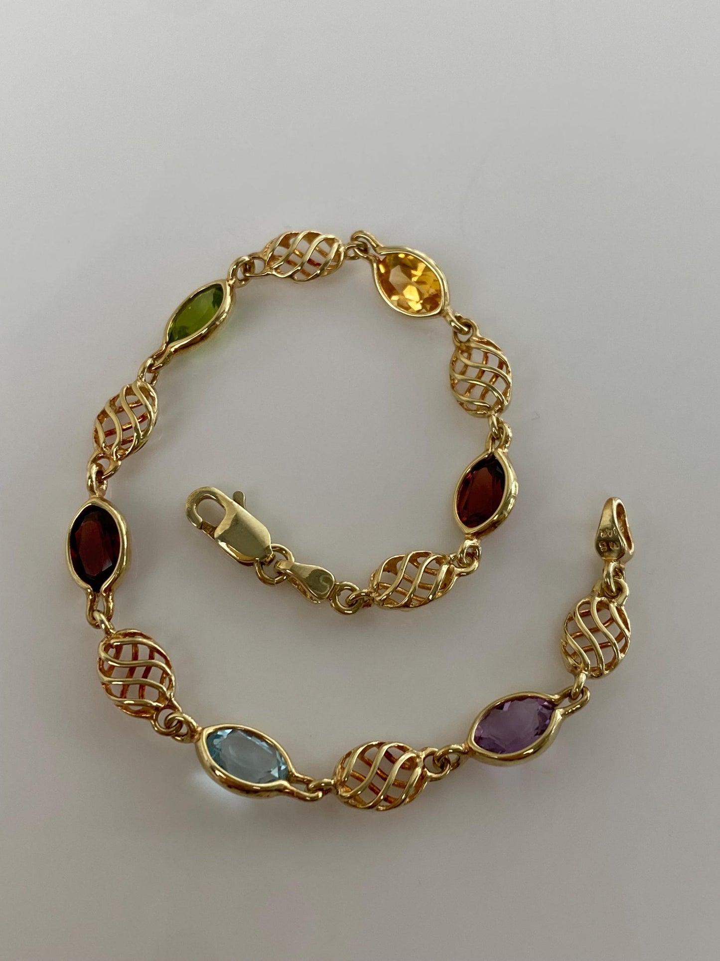 Vintage Solid 14k Yellow Gold Amethyst Citrine Topaz Garnet Peridot Link Bracelet - 7 inches