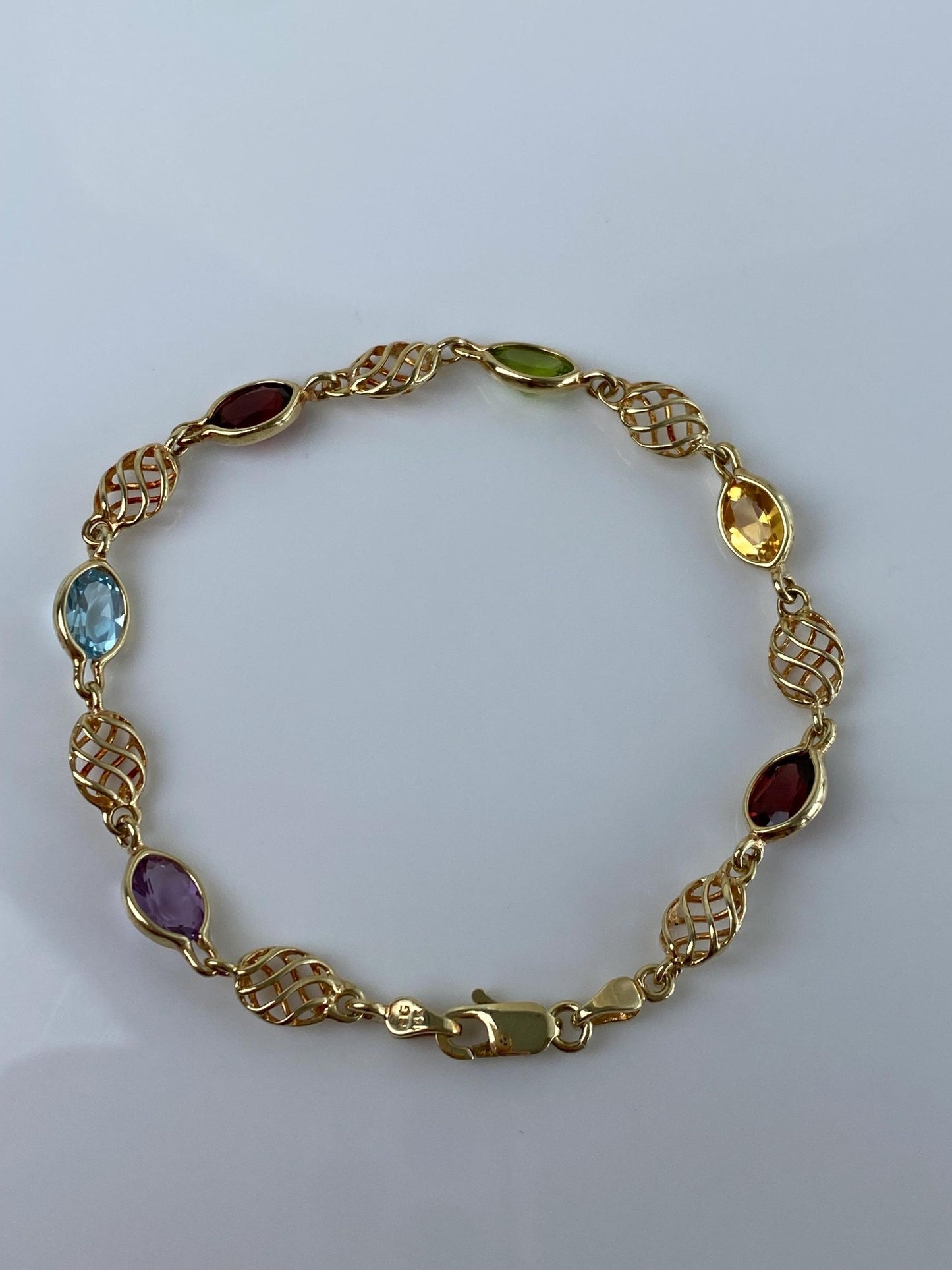 Vintage Solid 14k Yellow Gold Amethyst Citrine Topaz Garnet Peridot Link Bracelet - 7 inches