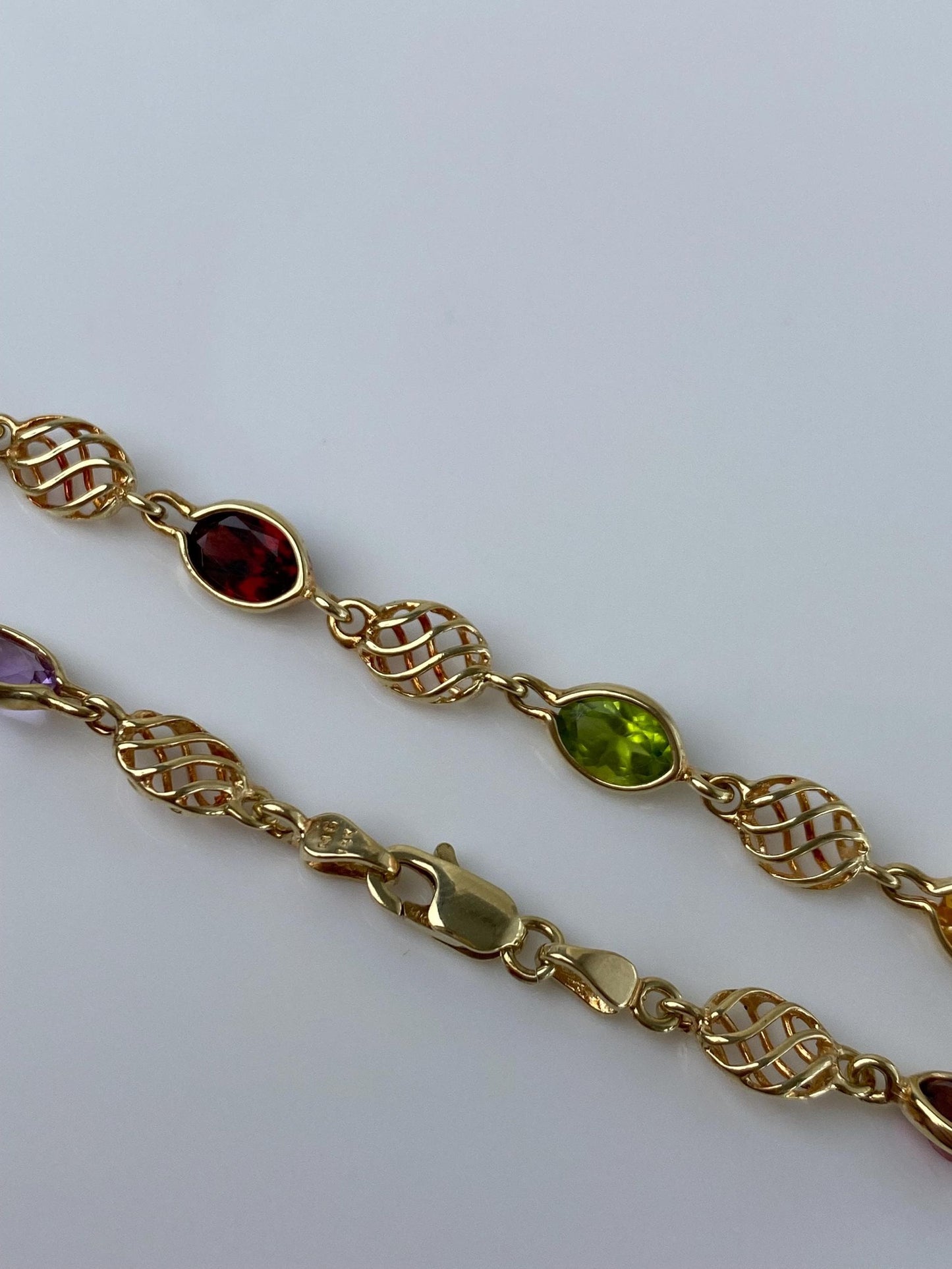 Vintage Solid 14k Yellow Gold Amethyst Citrine Topaz Garnet Peridot Link Bracelet - 7 inches