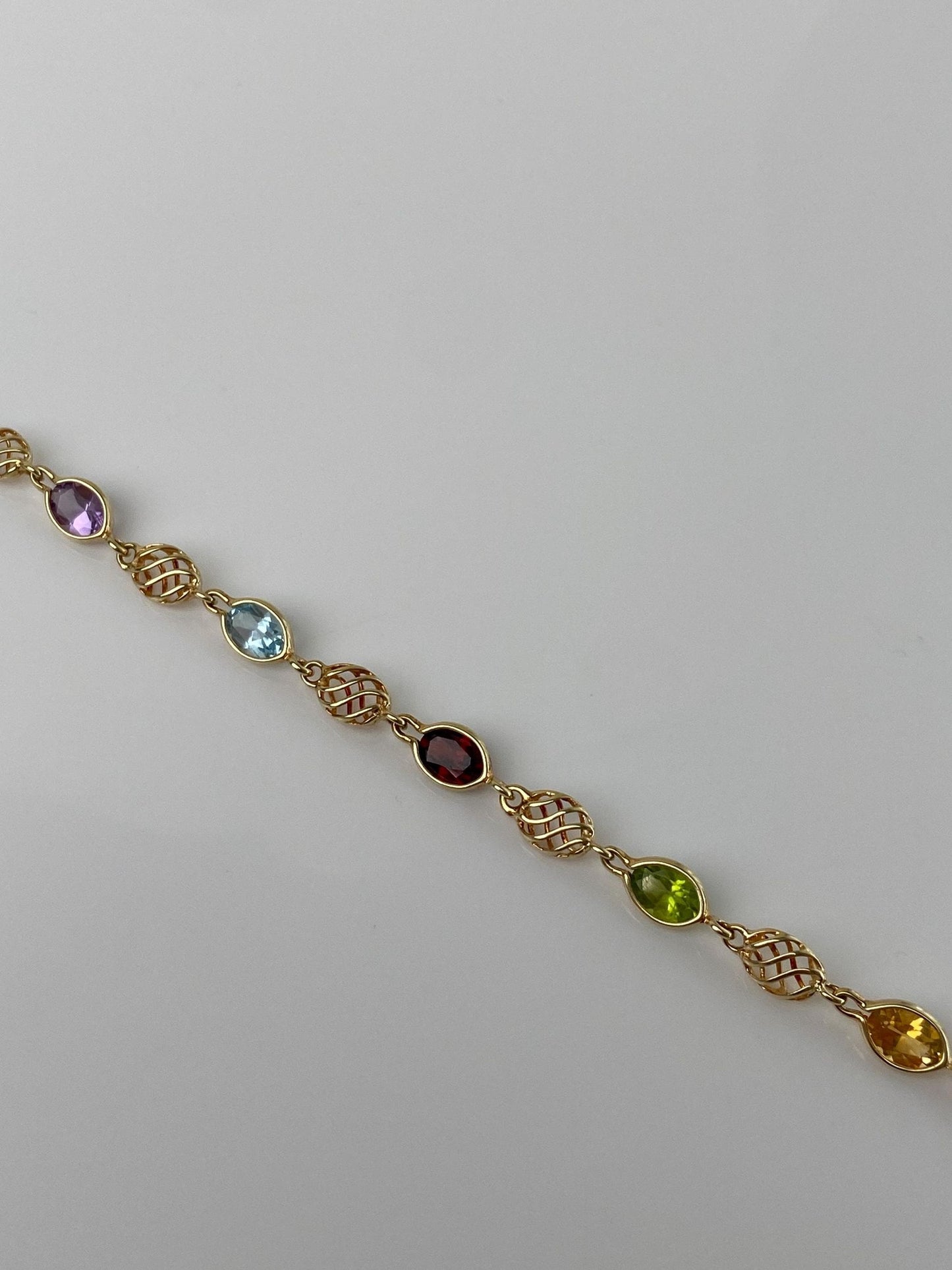 Vintage Solid 14k Yellow Gold Amethyst Citrine Topaz Garnet Peridot Link Bracelet - 7 inches