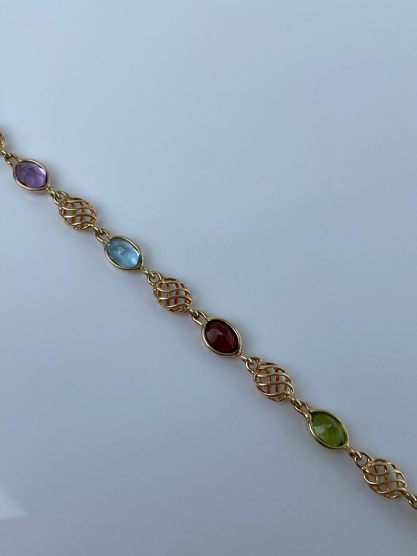 Vintage Solid 14k Yellow Gold Amethyst Citrine Topaz Garnet Peridot Link Bracelet - 7 inches