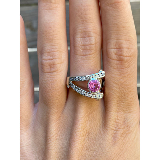 Vintage Solid 14k White & Rosey Gold Chunky Pink Sapphire Diamond Ring - Size 6.25