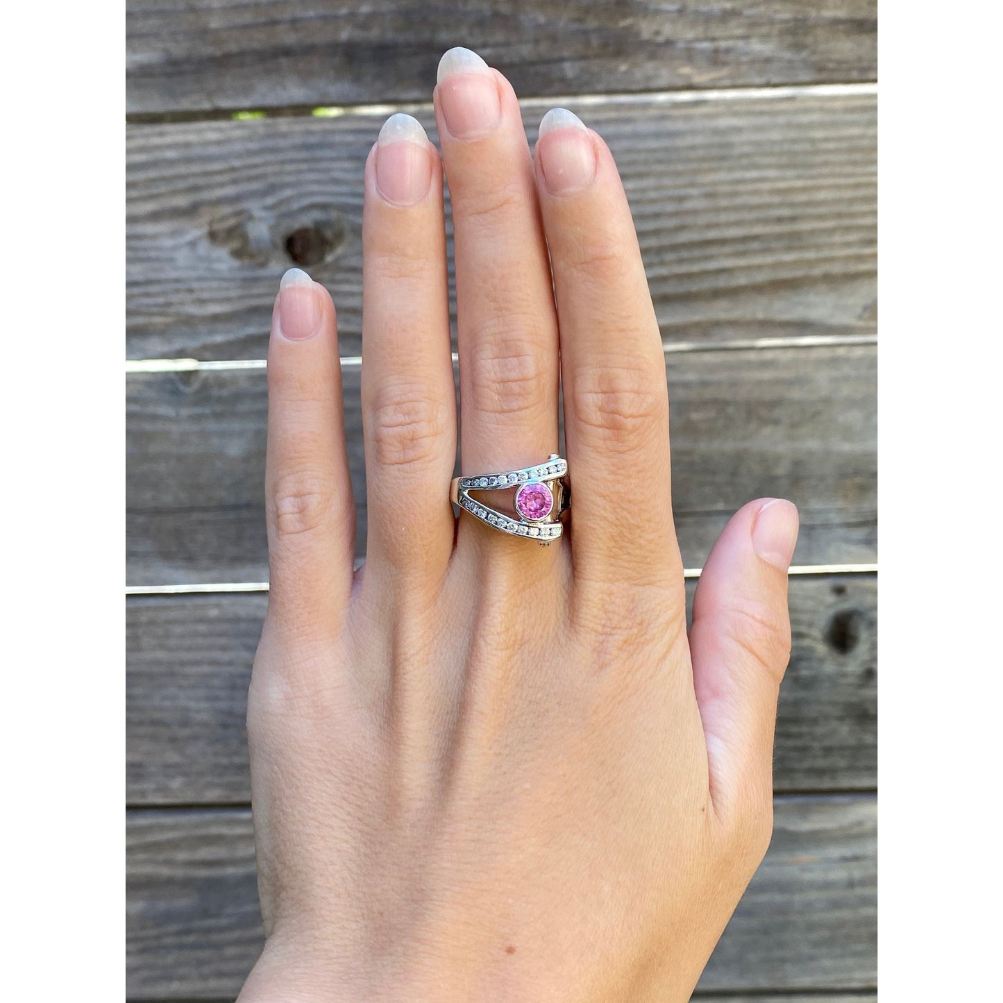 Vintage Solid 14k White & Rosey Gold Chunky Pink Sapphire Diamond Ring - Size 6.25