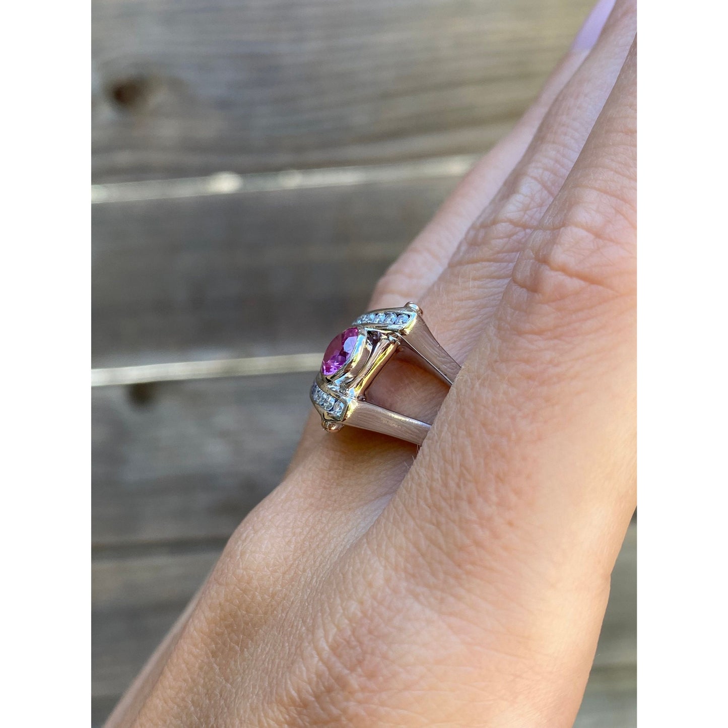 Vintage Solid 14k White & Rosey Gold Chunky Pink Sapphire Diamond Ring - Size 6.25