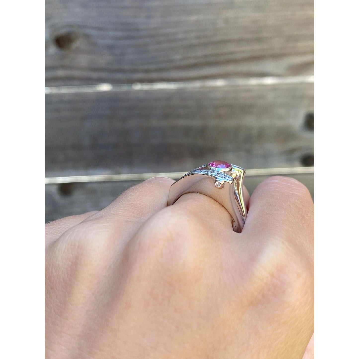 Vintage Solid 14k White & Rosey Gold Chunky Pink Sapphire Diamond Ring - Size 6.25