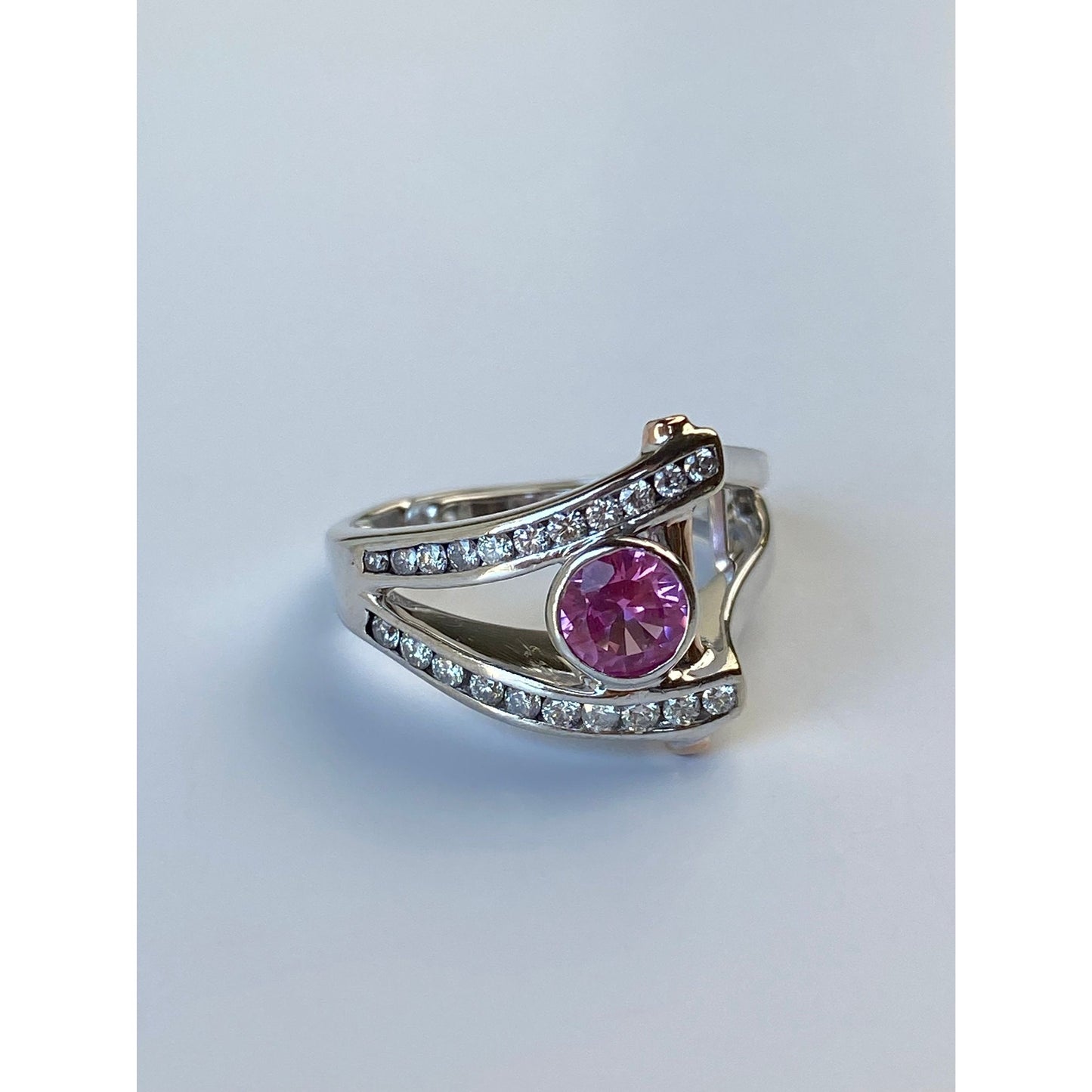 Vintage Solid 14k White & Rosey Gold Chunky Pink Sapphire Diamond Ring - Size 6.25