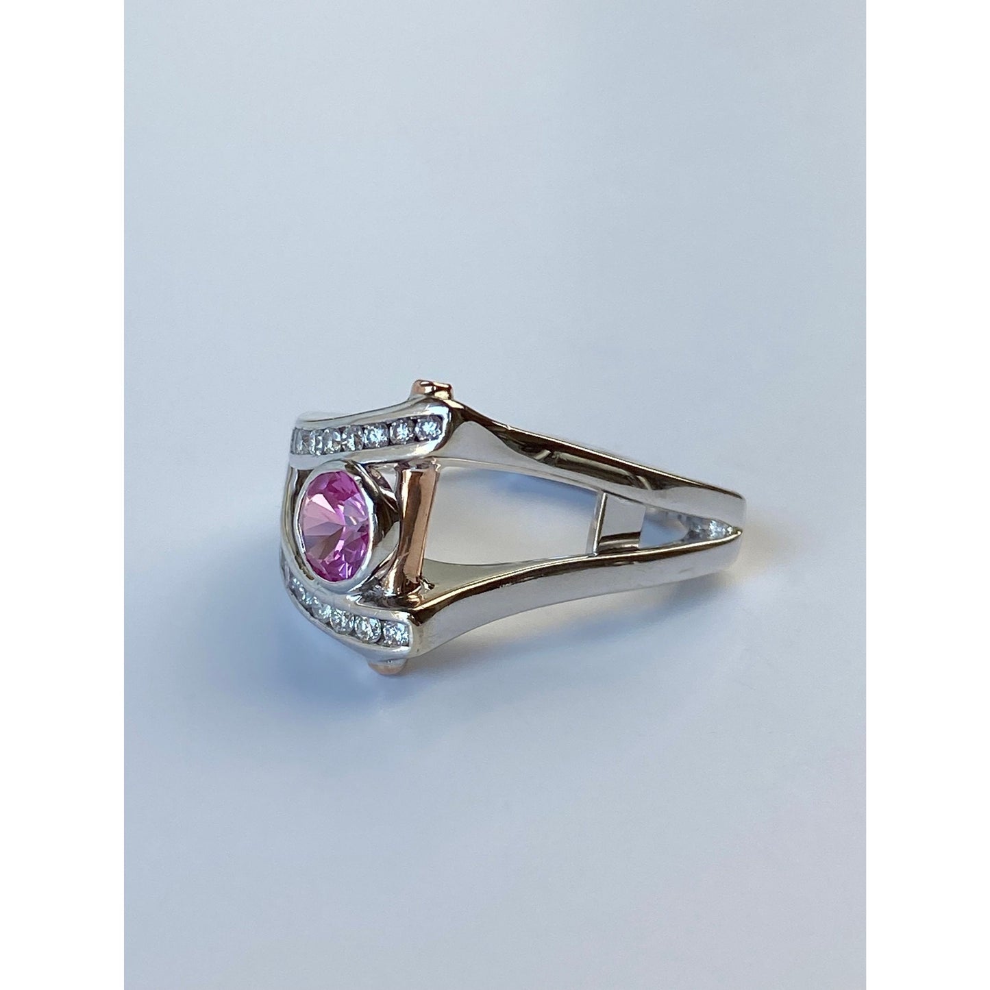 Vintage Solid 14k White & Rosey Gold Chunky Pink Sapphire Diamond Ring - Size 6.25