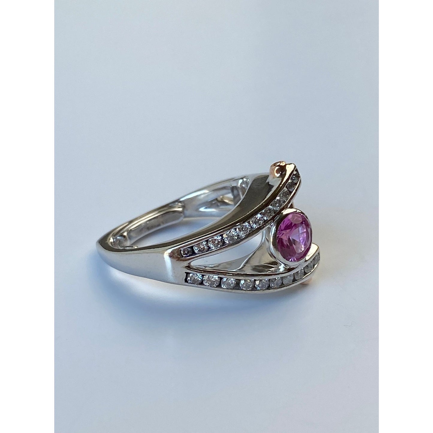 Vintage Solid 14k White & Rosey Gold Chunky Pink Sapphire Diamond Ring - Size 6.25