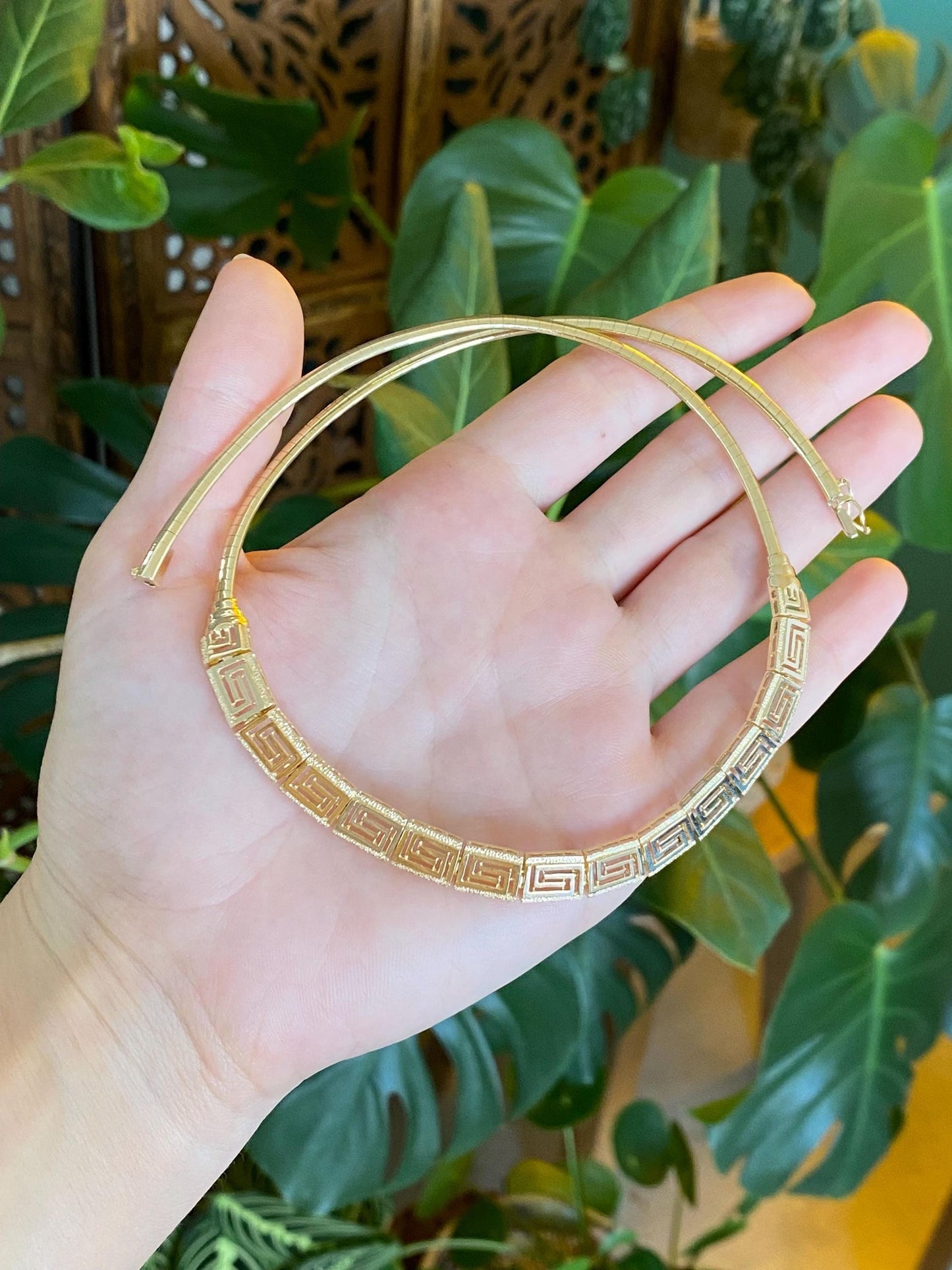 Solid 14k Yellow Gold Greek Key Omega Chain Necklace - 17 inches