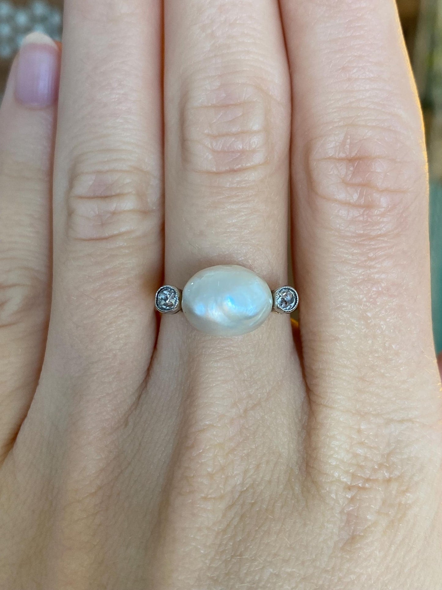 Vintage Solid 14k Yellow Gold Old Mine Cut Diamond Pearl Ring - Size 7