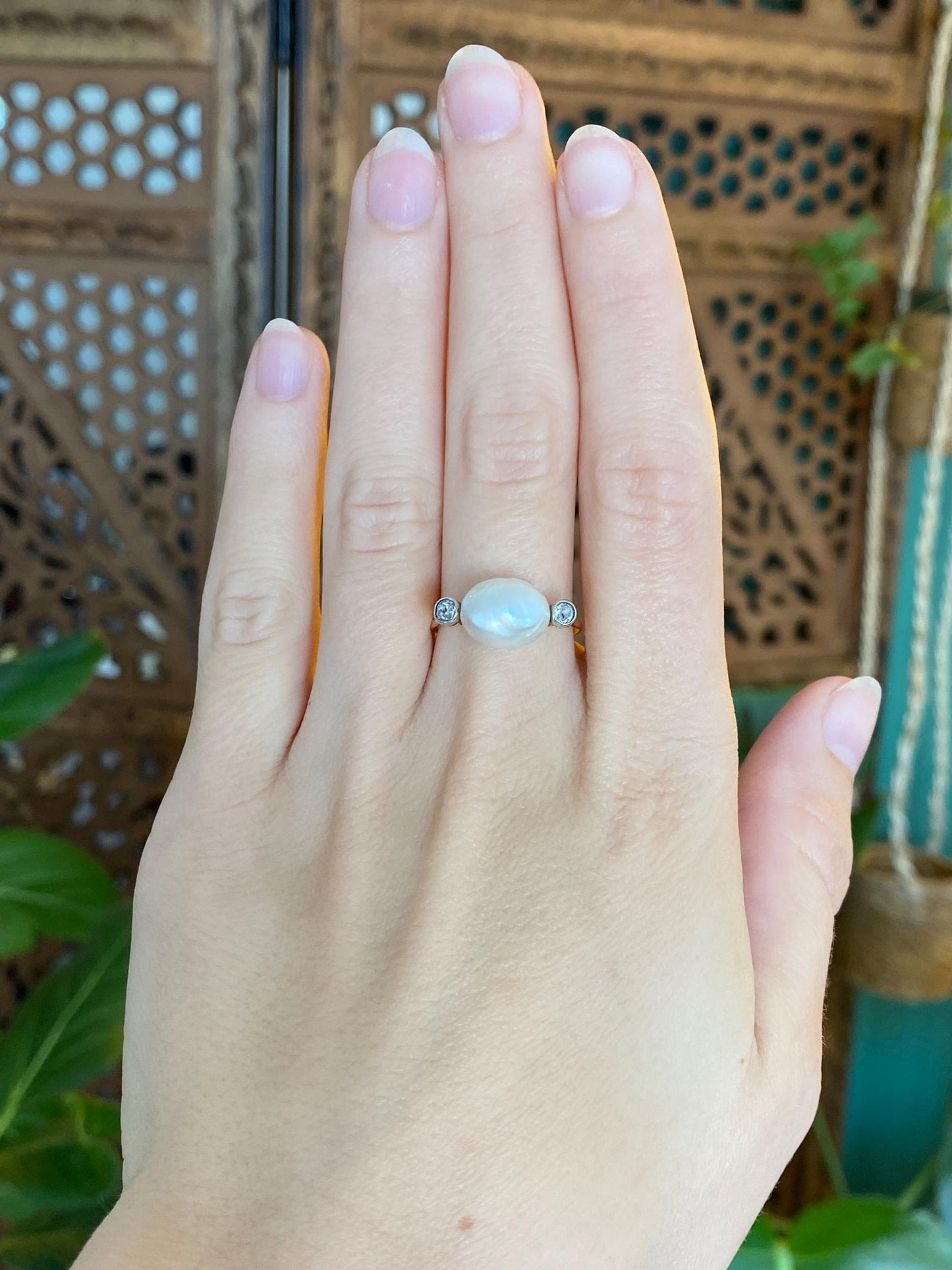 Vintage Solid 14k Yellow Gold Old Mine Cut Diamond Pearl Ring - Size 7