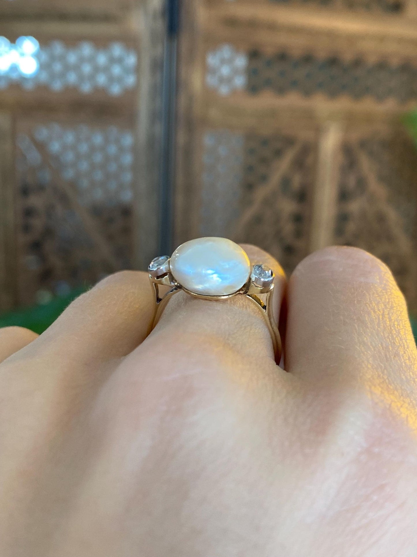 Vintage Solid 14k Yellow Gold Old Mine Cut Diamond Pearl Ring - Size 7