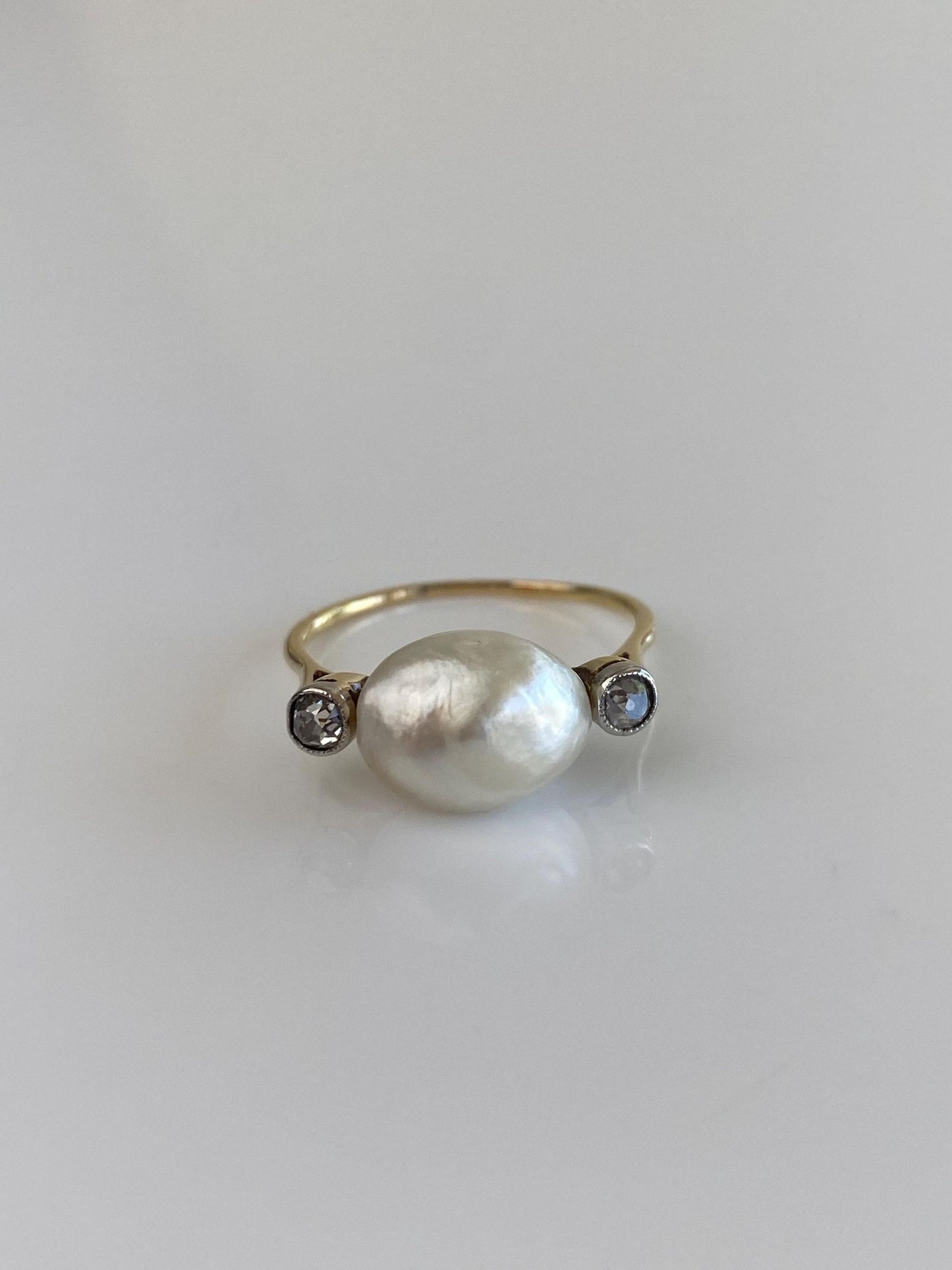 Vintage Solid 14k Yellow Gold Old Mine Cut Diamond Pearl Ring - Size 7