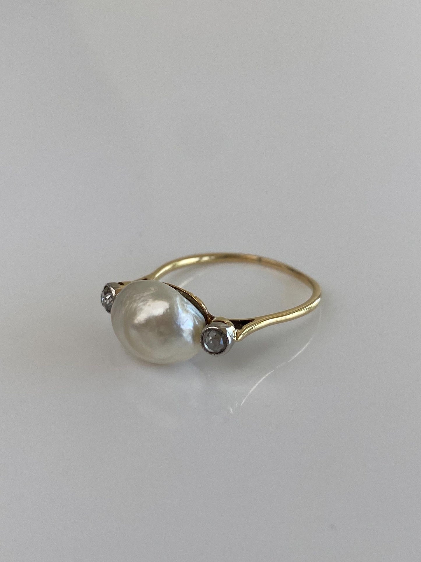 Vintage Solid 14k Yellow Gold Old Mine Cut Diamond Pearl Ring - Size 7