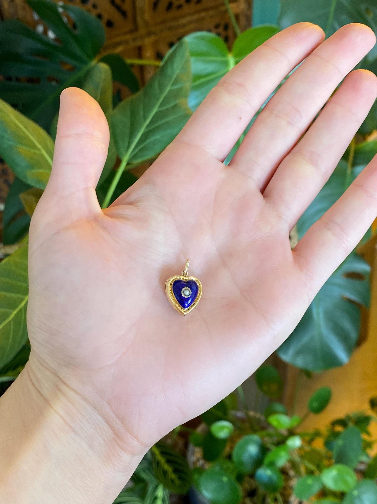 Vintage Solid 14k Yellow Gold Blue Enamel Seed Pearl Heart Locket Charm
