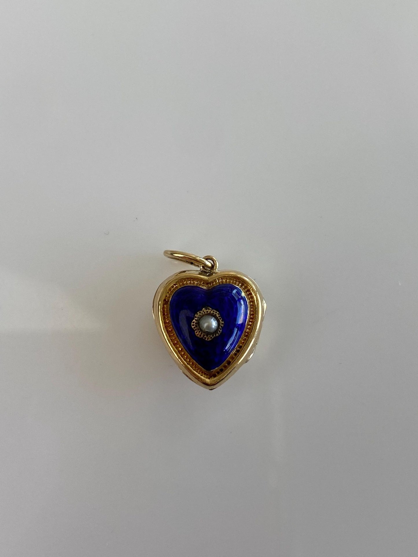 Vintage Solid 14k Yellow Gold Blue Enamel Seed Pearl Heart Locket Charm