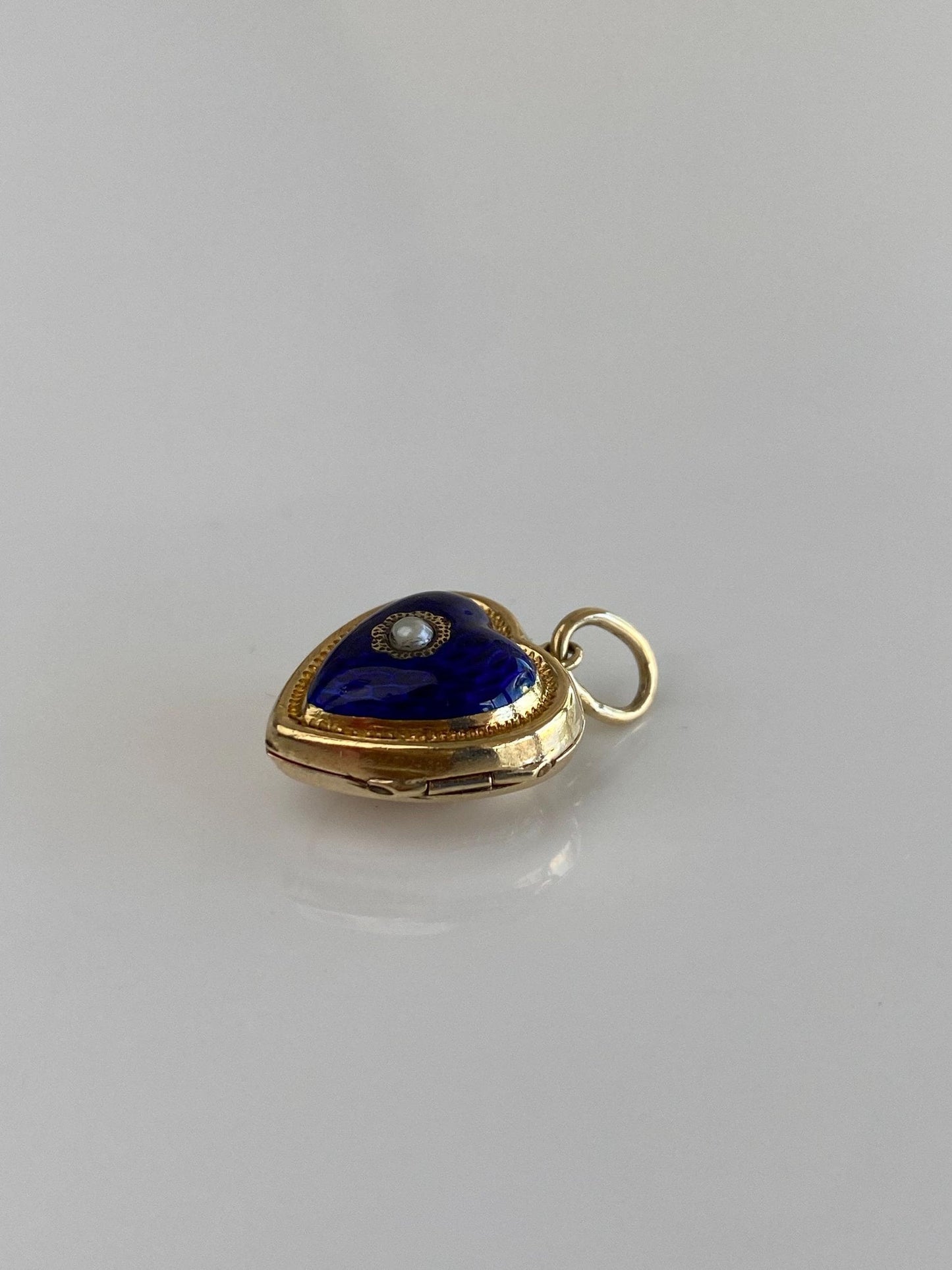 Vintage Solid 14k Yellow Gold Blue Enamel Seed Pearl Heart Locket Charm