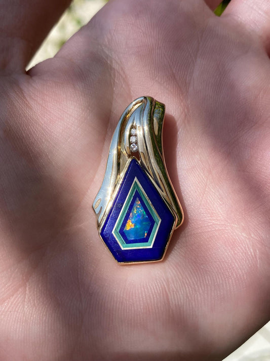 Solid 14k Yellow Gold Diamond Opal Lapis Inlay Slide Charm