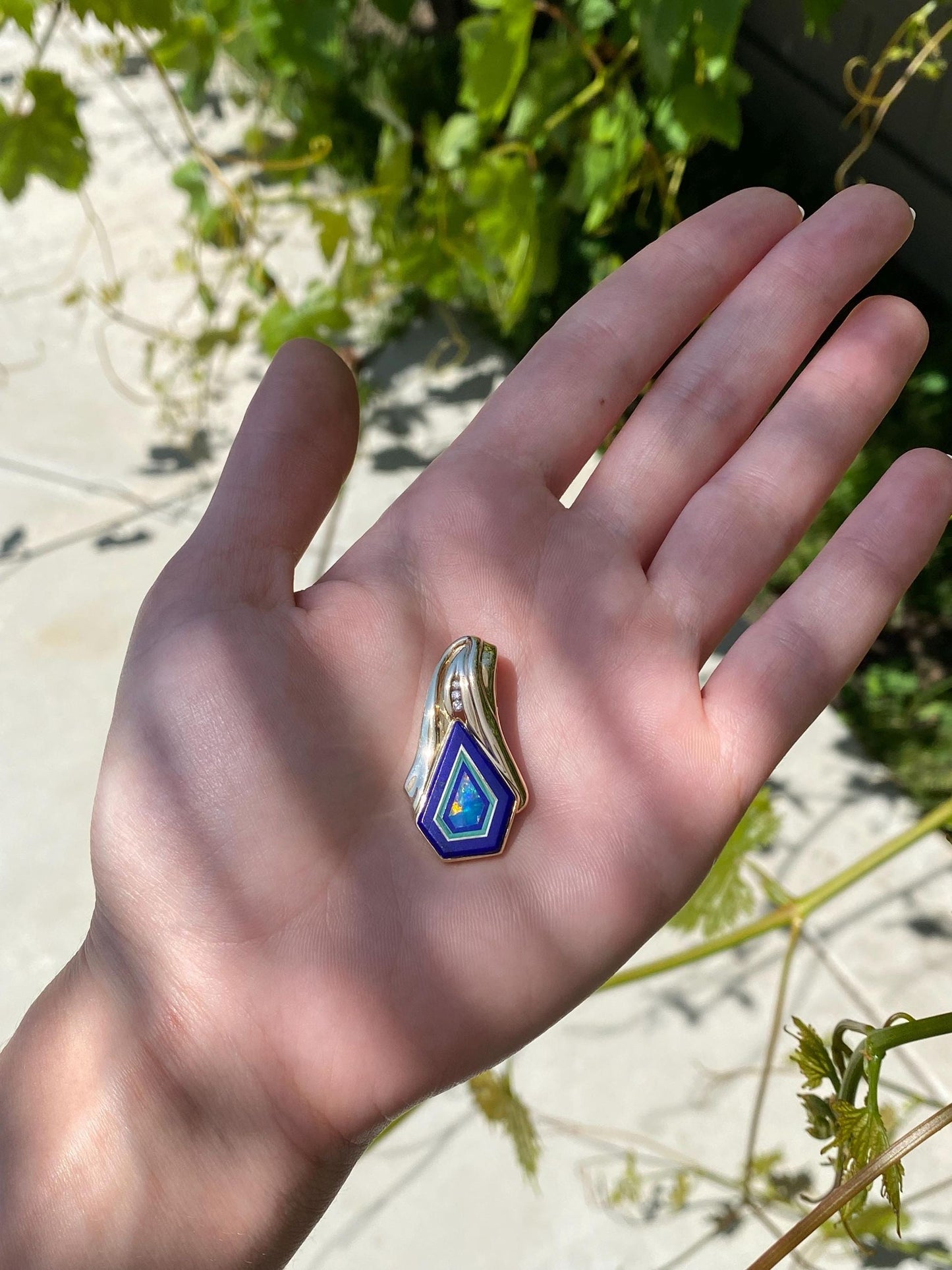 Solid 14k Yellow Gold Diamond Opal Lapis Inlay Slide Charm