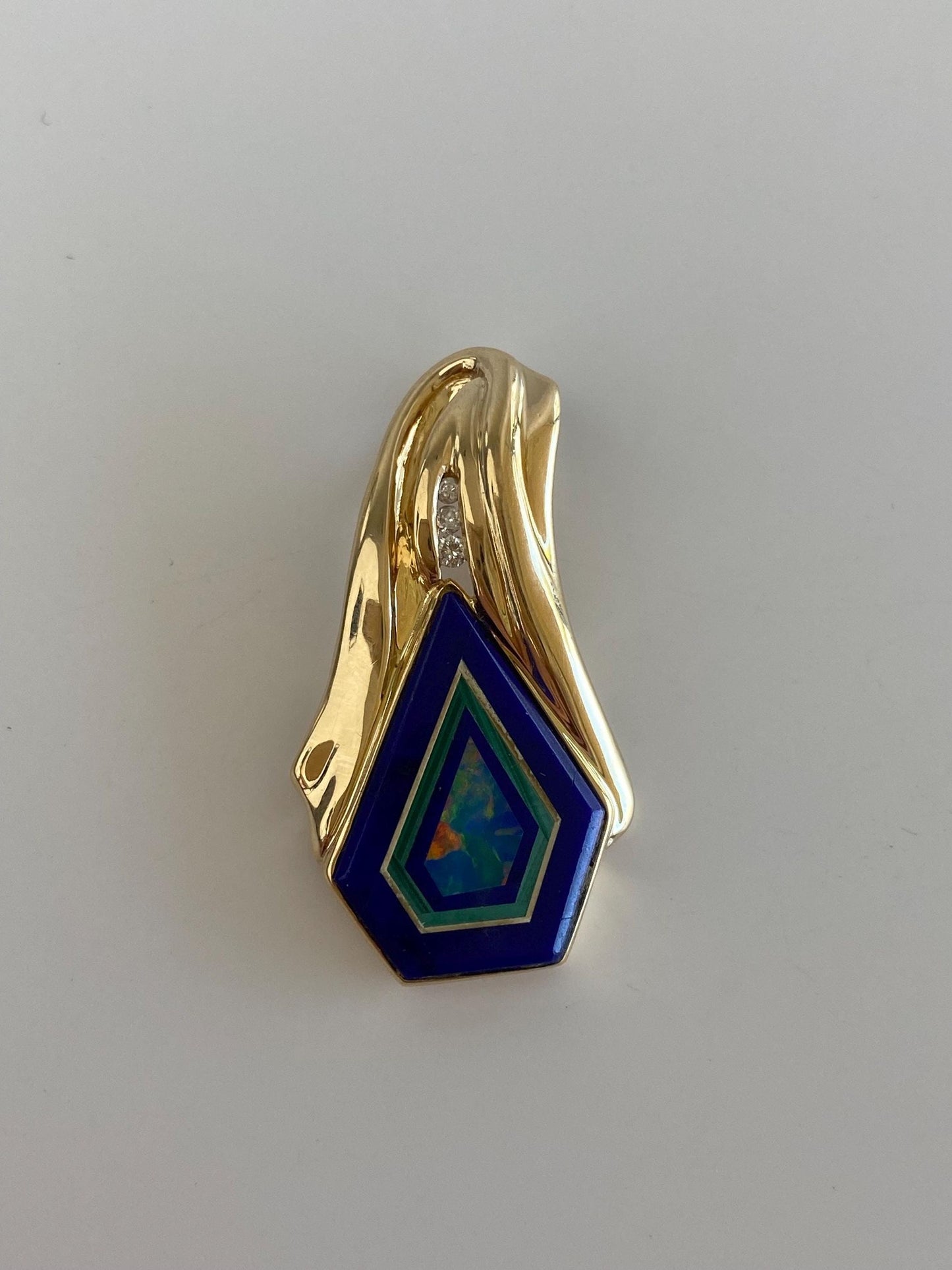 Solid 14k Yellow Gold Diamond Opal Lapis Inlay Slide Charm