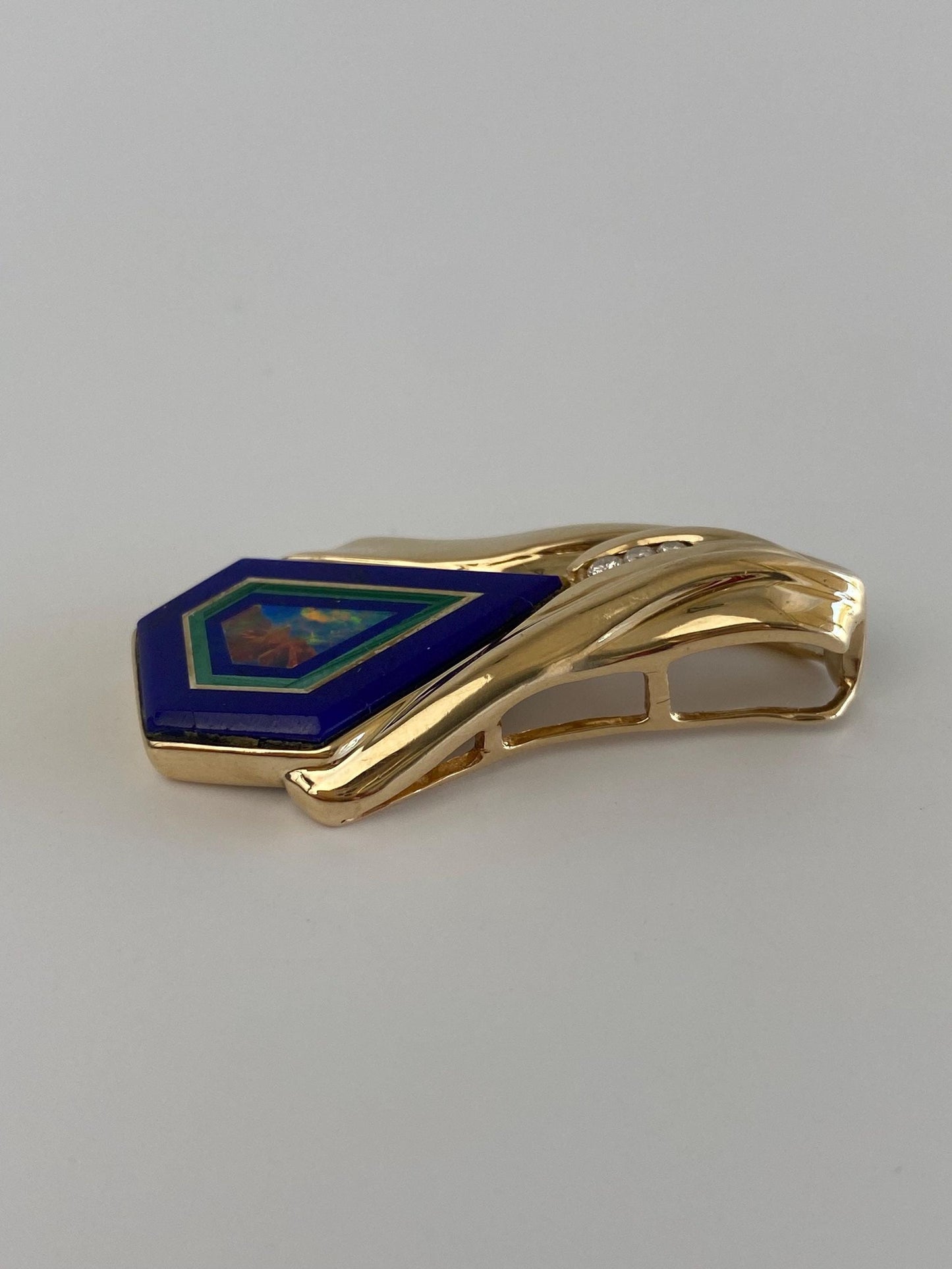 Solid 14k Yellow Gold Diamond Opal Lapis Inlay Slide Charm