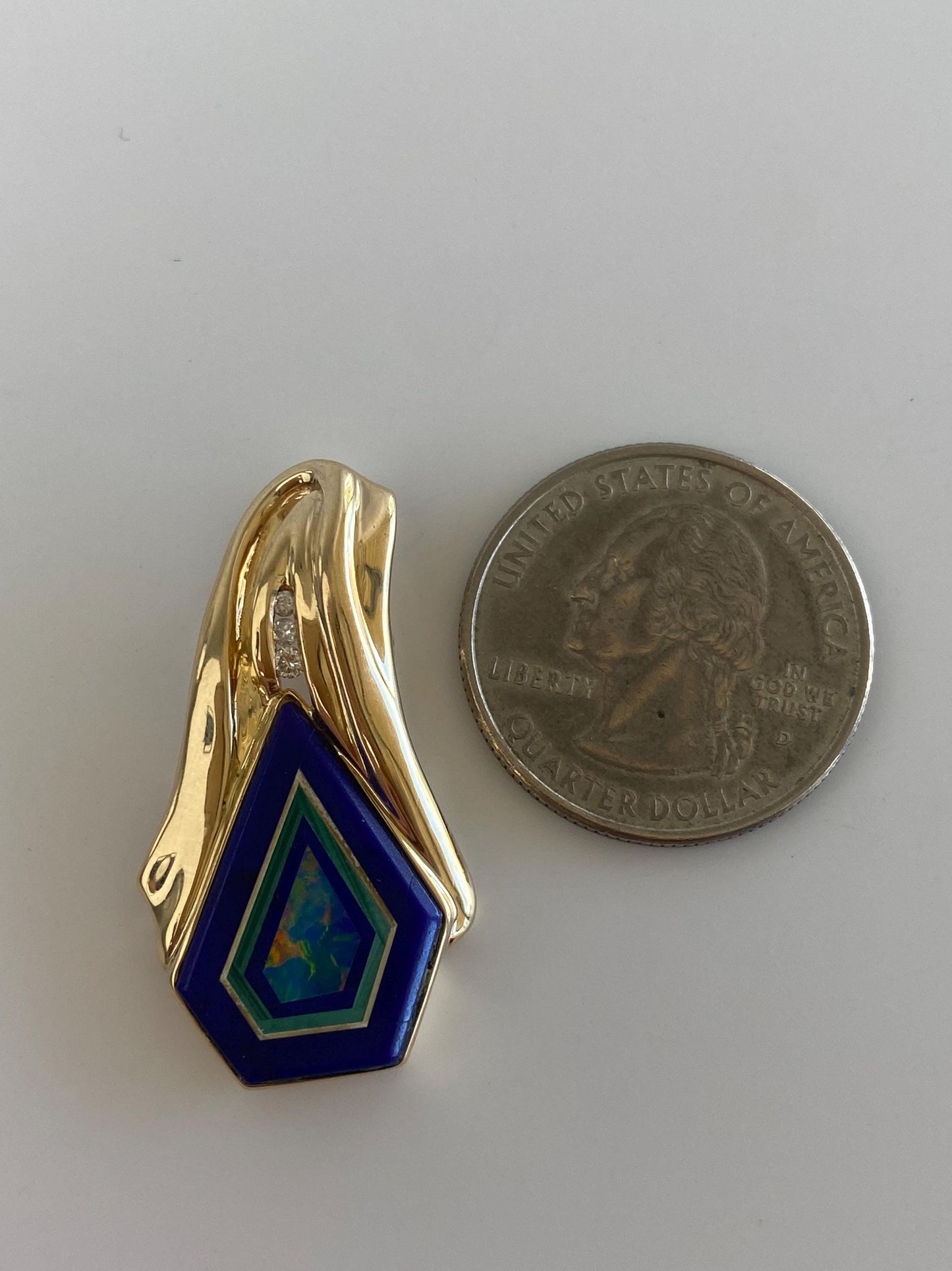 Solid 14k Yellow Gold Diamond Opal Lapis Inlay Slide Charm