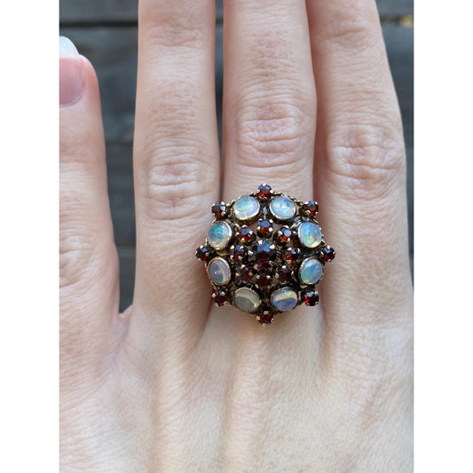 Vintage Solid 14k Yellow Gold Opal Garnet Cocktail Ring - Size 5.5-5.75