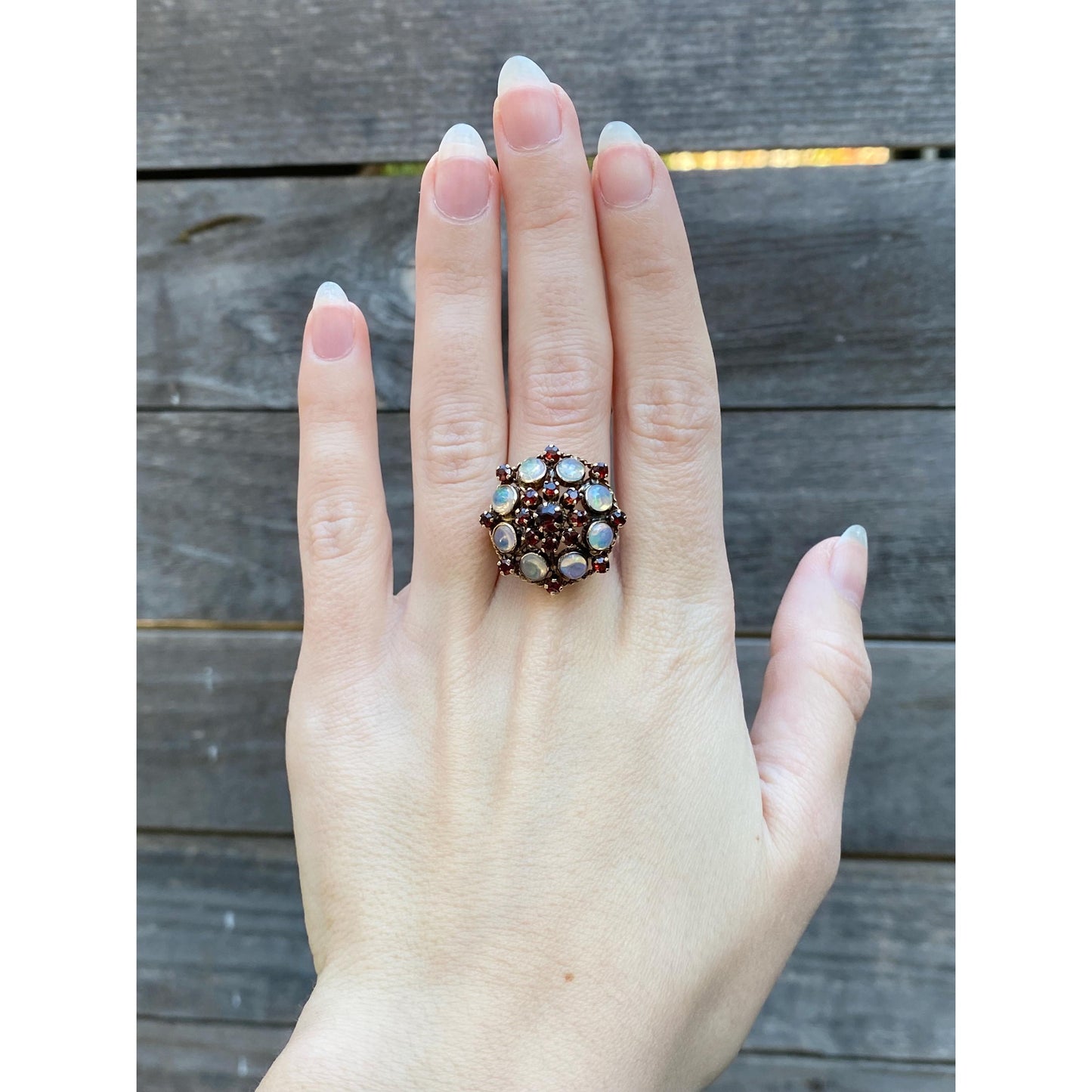 Vintage Solid 14k Yellow Gold Opal Garnet Cocktail Ring - Size 5.5-5.75